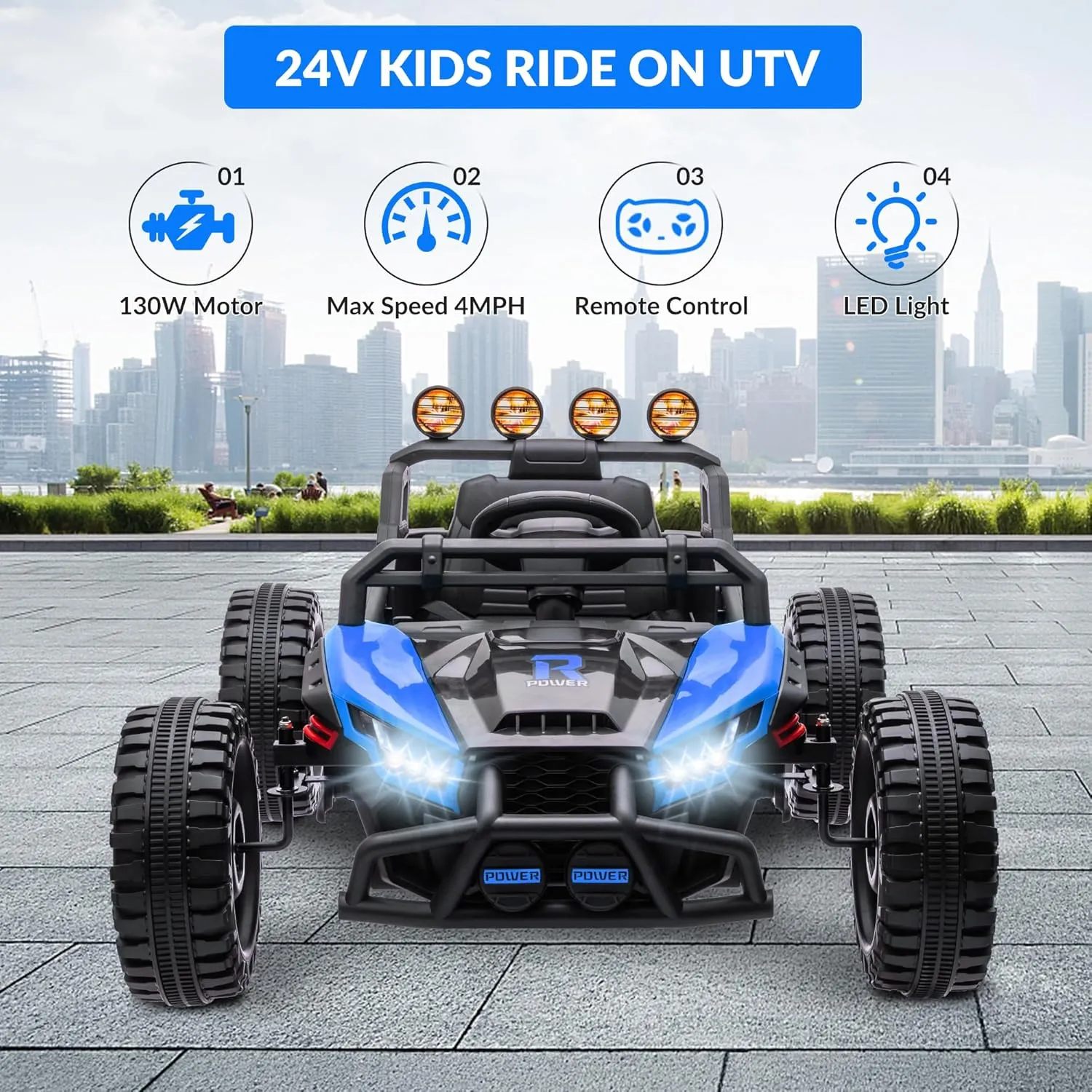 24V Electric Kids Car Truck with Adjustable Speed and LED Lights. Perfect for Parks, Backyards or Sidewalks.(Blue)