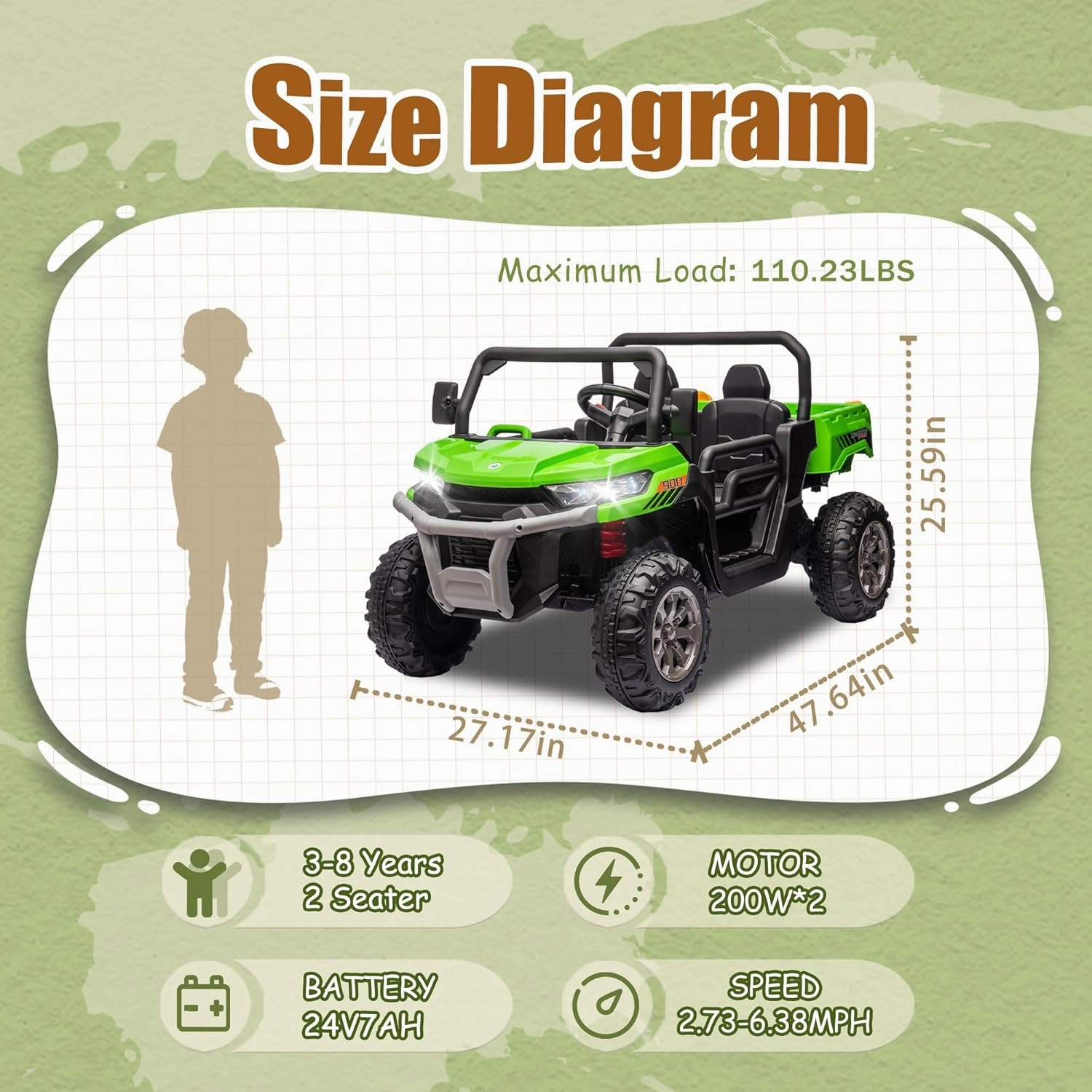 24V 2 Seater Kids Ride on Car Truck, Ride On UTV with 2x200W Motor Ride On Dump Truck, Ride On Car with Dump Bed/Shovel, Electric Vehicle with Durable Tires, LED Light, Music, Remote Control, Green
