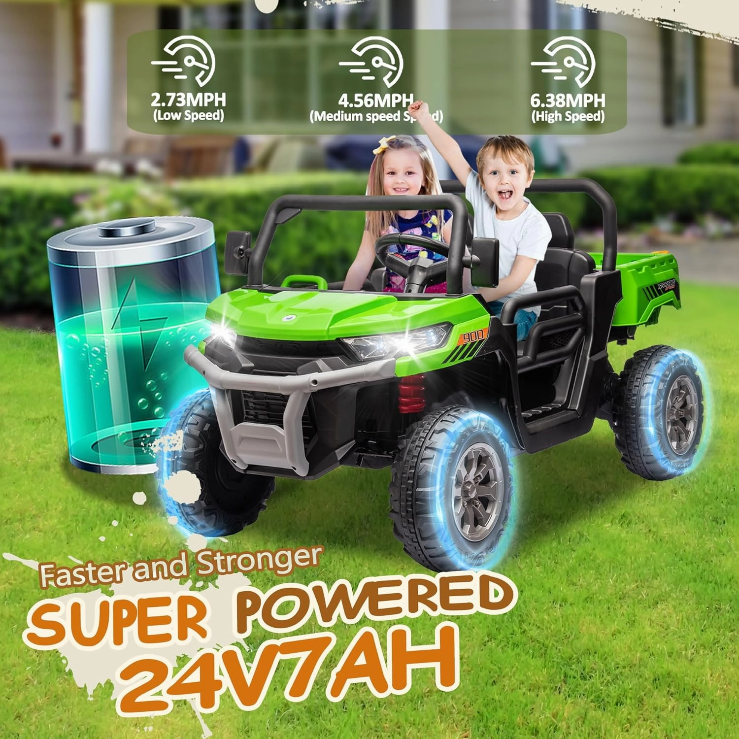24V 2 Seater Kids Ride on Car Truck, Ride On UTV with 2x200W Motor Ride On Dump Truck, Ride On Car with Dump Bed/Shovel, Electric Vehicle with Durable Tires, LED Light, Music, Remote Control, Green