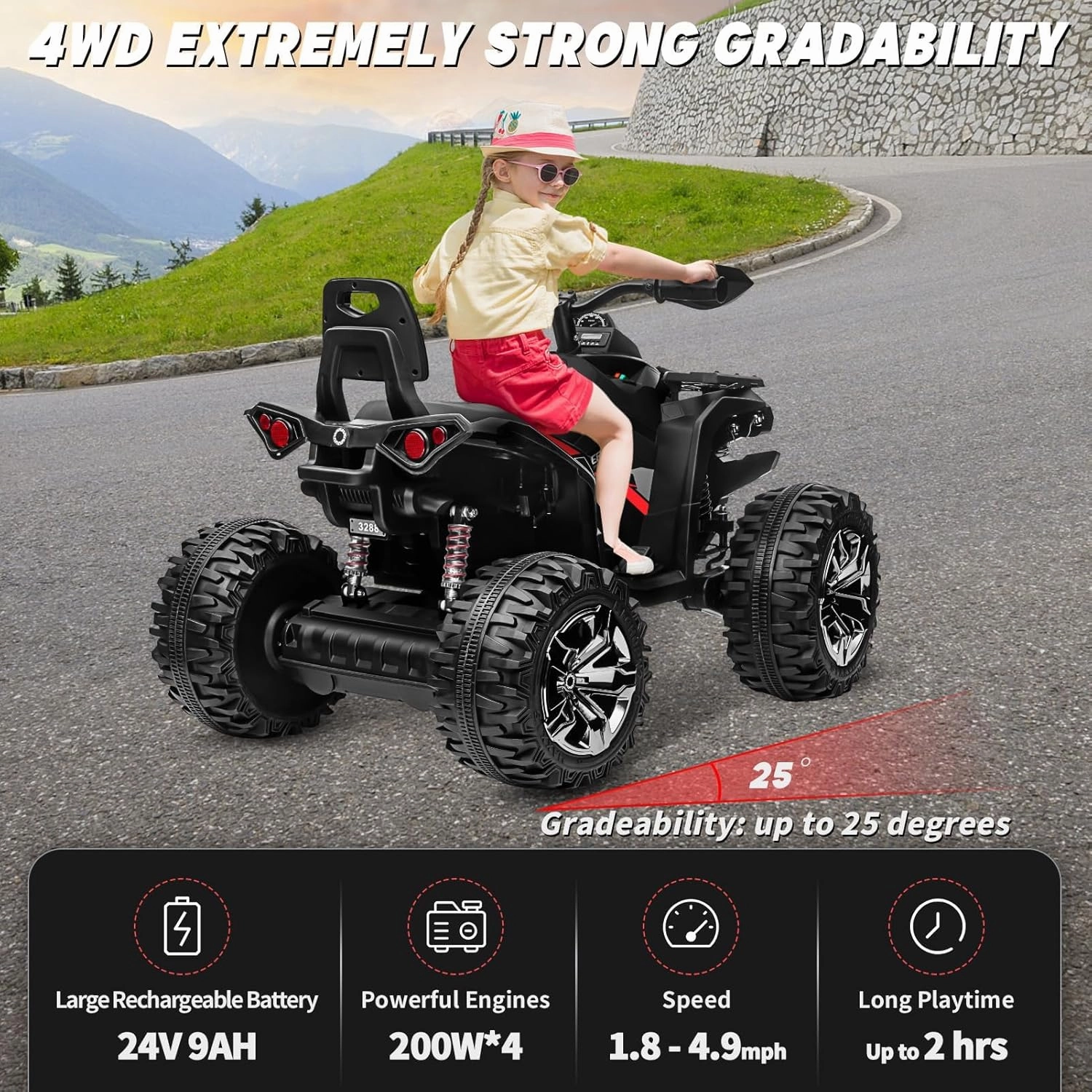 24V 2 Seater Ride On Toys, 4X4 Kids ATV 4 Wheeler w/ 800W Motors, 9AH Battery Powered Car w/Remote Control, Knee Pads, Bluetooth, MP3, USB, Spring Suspension, Electric Quad for Boys, Black