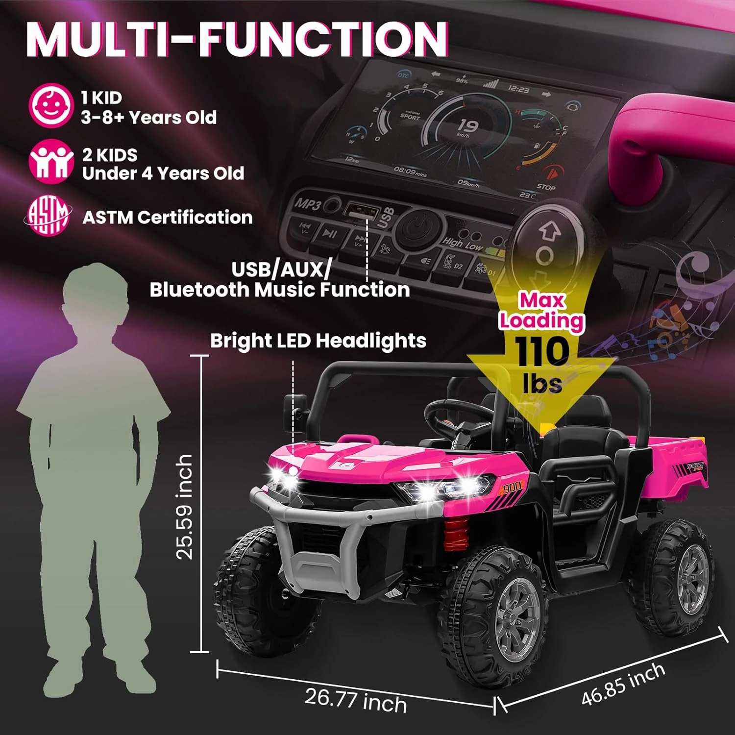 24V 4WD Ride on Car, 2 Seater Dump Truck w/4X200W Motor, Gift Flower, 2.4G Remote Control, 4 Wheeler, Bluetooth Music, LED Light, 24 Volt Battery Powered Ride on Toys for Big Kids, Pink