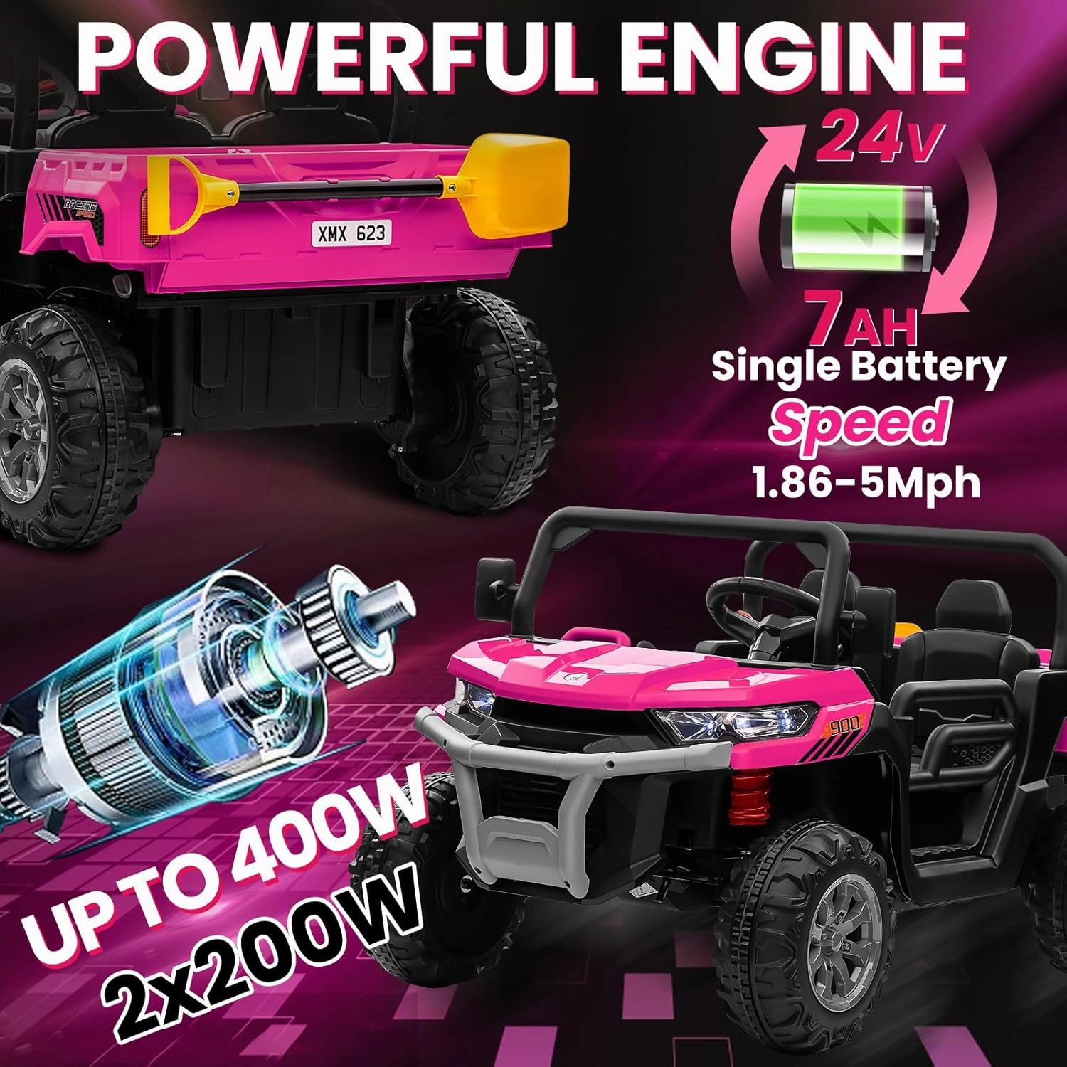 24V 4WD Ride on Car, 2 Seater Dump Truck w/4X200W Motor, Gift Flower, 2.4G Remote Control, 4 Wheeler, Bluetooth Music, LED Light, 24 Volt Battery Powered Ride on Toys for Big Kids, Pink