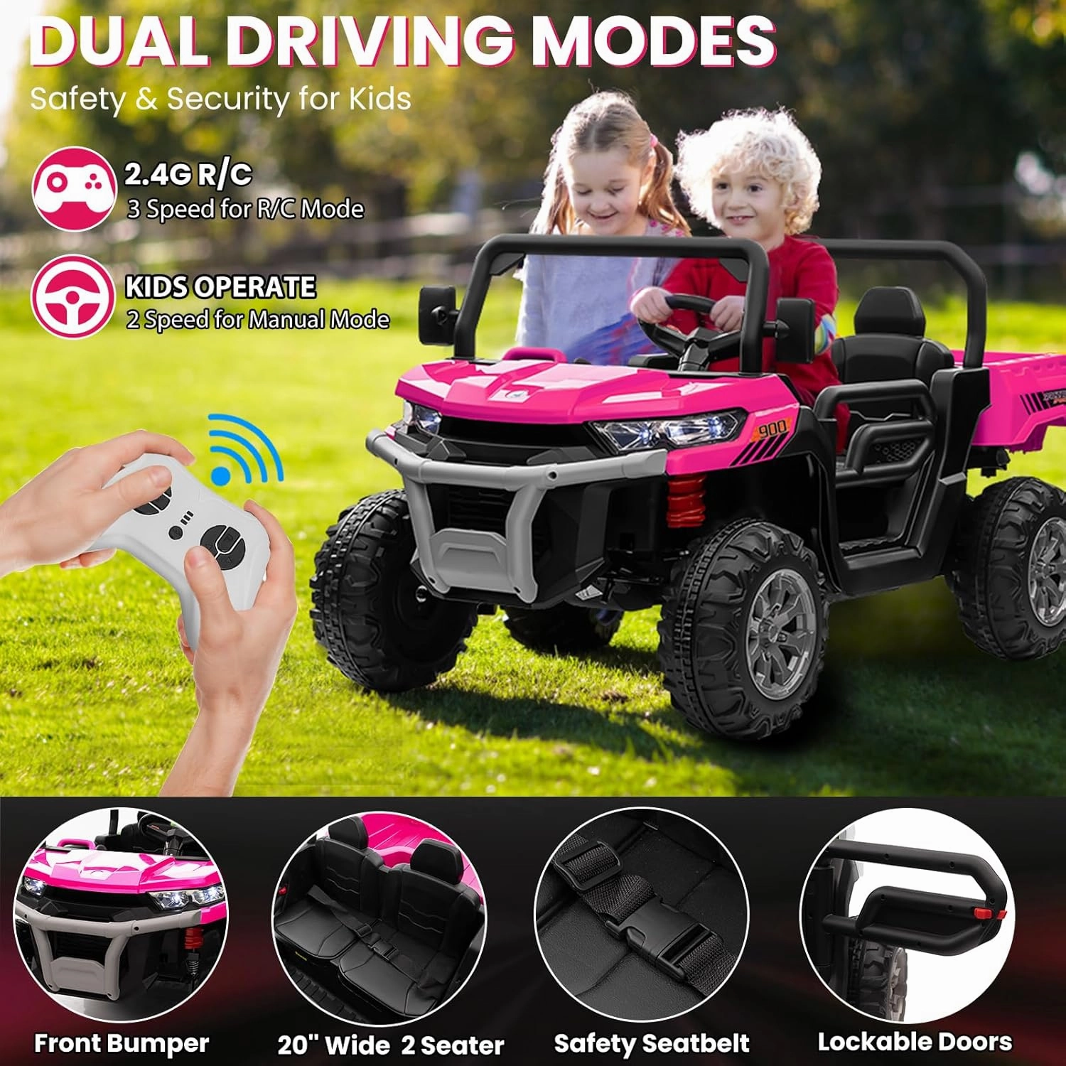 24V 4WD Ride on Car, 2 Seater Dump Truck w/4X200W Motor, Gift Flower, 2.4G Remote Control, 4 Wheeler, Bluetooth Music, LED Light, 24 Volt Battery Powered Ride on Toys for Big Kids, Pink