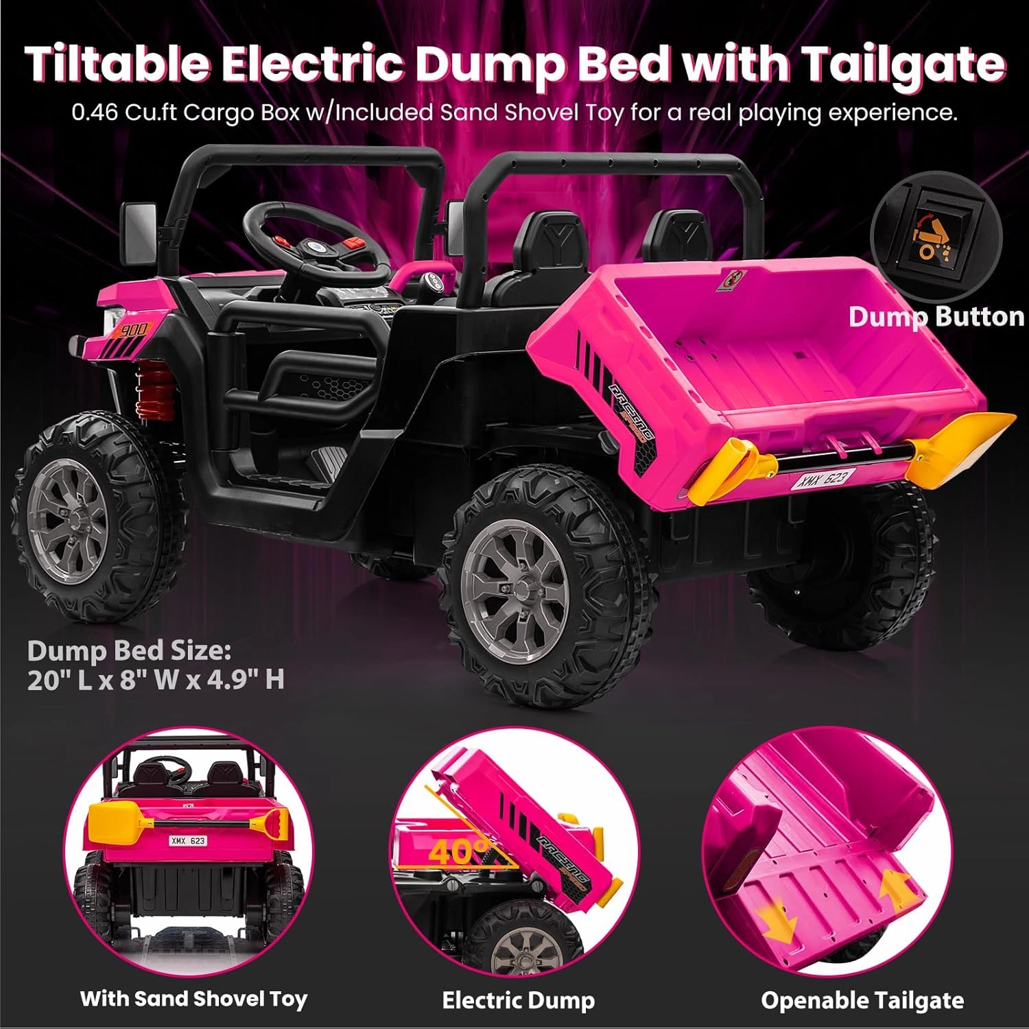 24V 4WD Ride on Car, 2 Seater Dump Truck w/4X200W Motor, Gift Flower, 2.4G Remote Control, 4 Wheeler, Bluetooth Music, LED Light, 24 Volt Battery Powered Ride on Toys for Big Kids, Pink