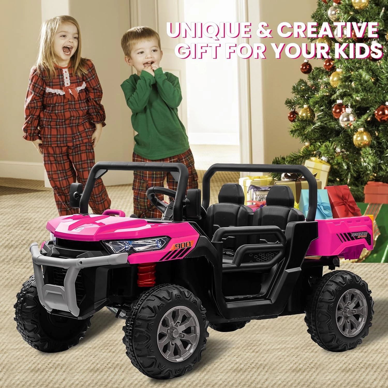 24V 4WD Ride on Car, 2 Seater Dump Truck w/4X200W Motor, Gift Flower, 2.4G Remote Control, 4 Wheeler, Bluetooth Music, LED Light, 24 Volt Battery Powered Ride on Toys for Big Kids, Pink