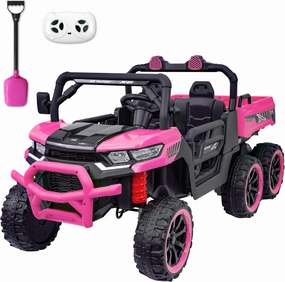24V Electric Ride On 2 Seater Dump Truck with Remote Control, 4WD 6x6 UTV Kids Car with Electric Dump Bed, 2-Speed Off-Road Toy Vehicle & Storage Trunk for Boys Girls, Pink Pink