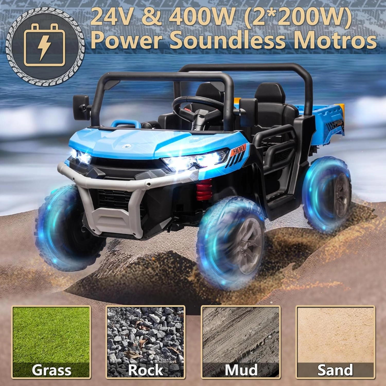 24V Ride on Toys for Big Kids w/Remote Control, 2 Seater Kids UTV w/20 Seat, 2X200W Powerful Motors, 24V Ride on Dump Truck w/Dump Bed, Bluetooth, LED Lights, Power Car Wheels for Boys Girls, Blue