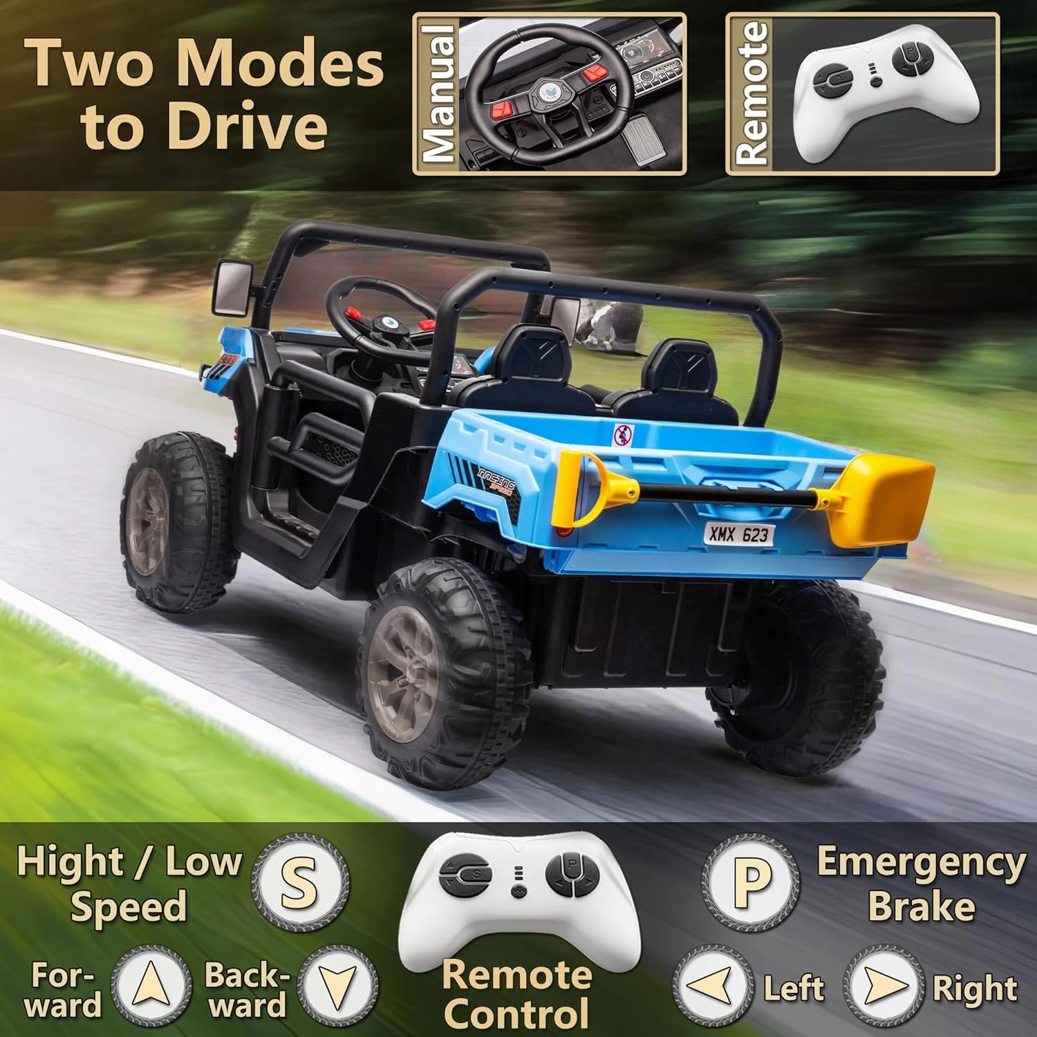 24V Ride on Toys for Big Kids w/Remote Control, 2 Seater Kids UTV w/20 Seat, 2X200W Powerful Motors, 24V Ride on Dump Truck w/Dump Bed, Bluetooth, LED Lights, Power Car Wheels for Boys Girls, Blue