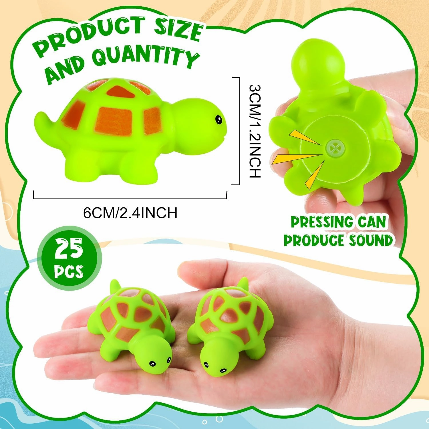 25PCS Mini Rubber Turtle Green Floating Squeaky Sea Turtle Bath Toy, Cute Screaming Sound Rubber Bulk for Bath Shower Swimming Pool Birthday Beach Decor