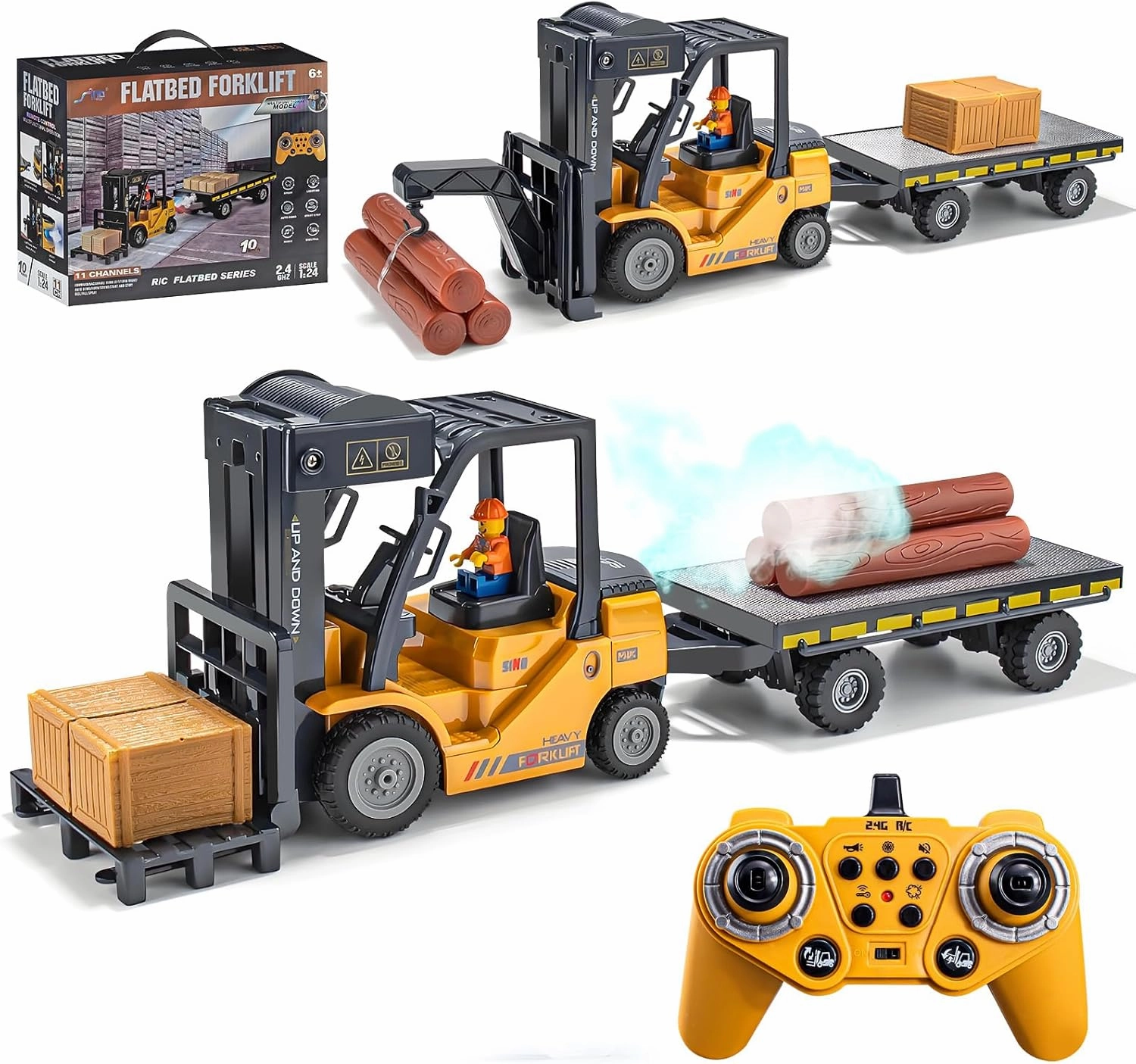 2.4Ghz Remote Control Forklift with Trailer,RC Forklift Truck with Spray, Cool Lights,Sound,1/24 Scale 11 Channel Rechargeable Construction Toys Set with Flatbed Truck,Best Gift for Kids
