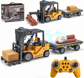 2.4Ghz Remote Control Forklift with Trailer,RC Forklift Truck with Spray, Cool Lights,Sound,1/24 Scale 11 Channel Rechargeable Construction Toys Set with Flatbed Truck,Best Gift for Kids