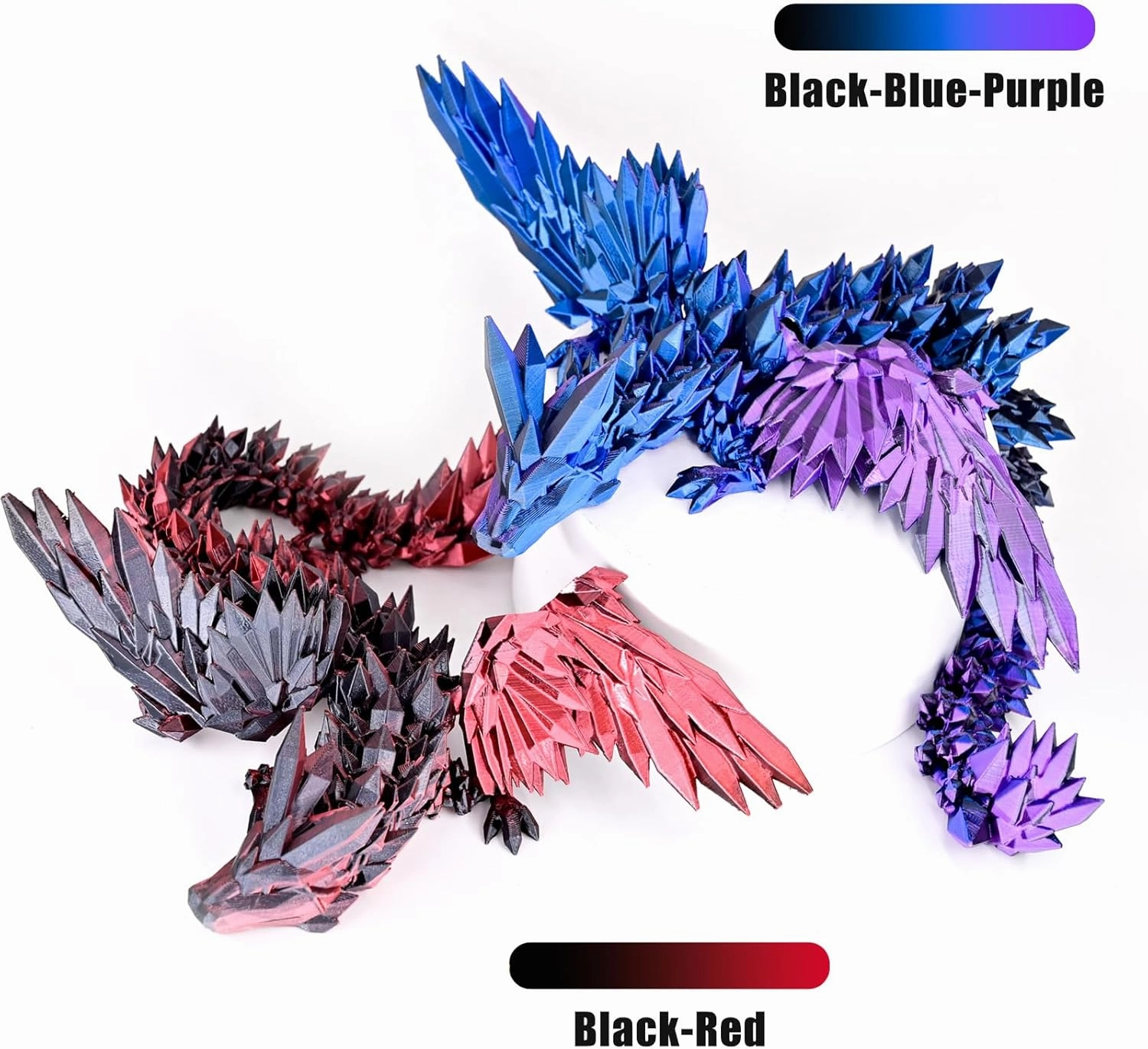 2 Pack 3D Printed Dragon with Wings Flying Dragon, Articulated 3D Dragon Toys, 3D Printed Crystal Wing Dragon Without Dragon Egg, Black Red & Black Blue Purple
