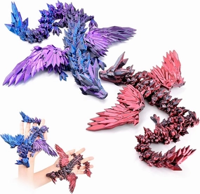 2 Pack 3D Printed Dragon with Wings Flying Dragon, Articulated 3D Dragon Toys, 3D Printed Crystal Wing Dragon Without Dragon Egg, Black Red & Black Blue Purple