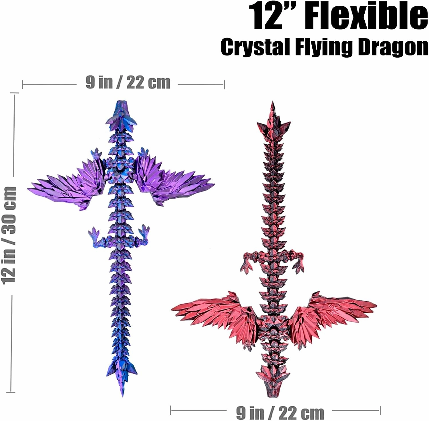 2 Pack 3D Printed Dragon with Wings Flying Dragon, Articulated 3D Dragon Toys, 3D Printed Crystal Wing Dragon Without Dragon Egg, Black Red & Black Blue Purple