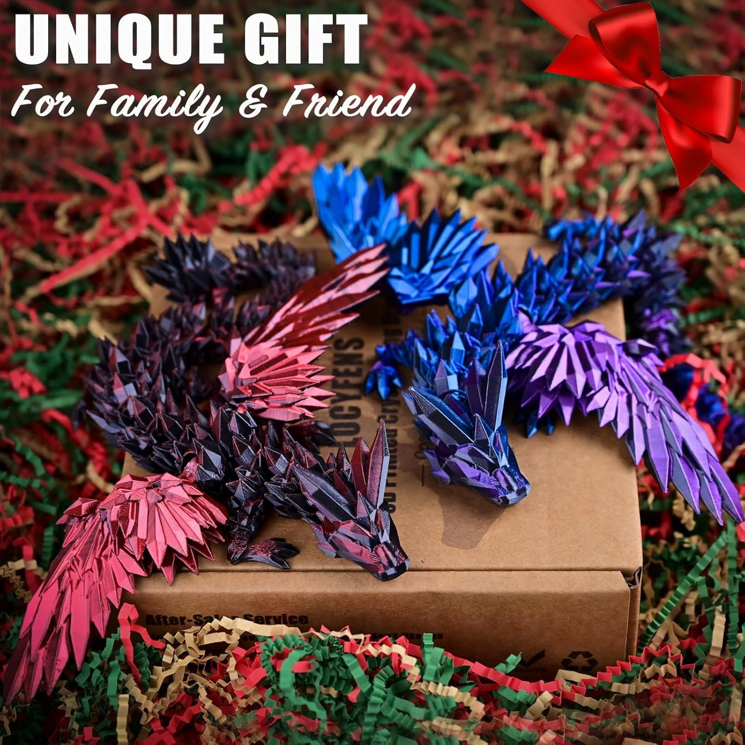 2 Pack 3D Printed Dragon with Wings Flying Dragon, Articulated 3D Dragon Toys, 3D Printed Crystal Wing Dragon Without Dragon Egg, Black Red & Black Blue Purple