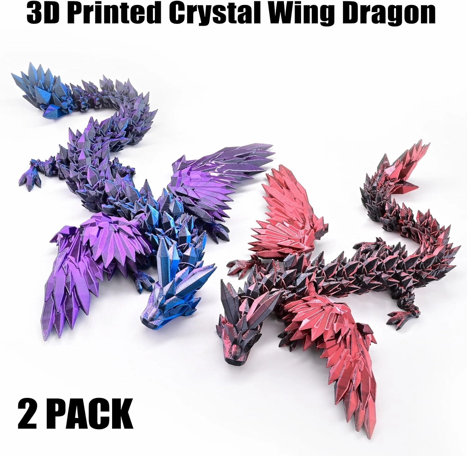 2 Pack 3D Printed Dragon with Wings Flying Dragon, Articulated 3D Dragon Toys, 3D Printed Crystal Wing Dragon Without Dragon Egg, Black Red & Black Blue Purple