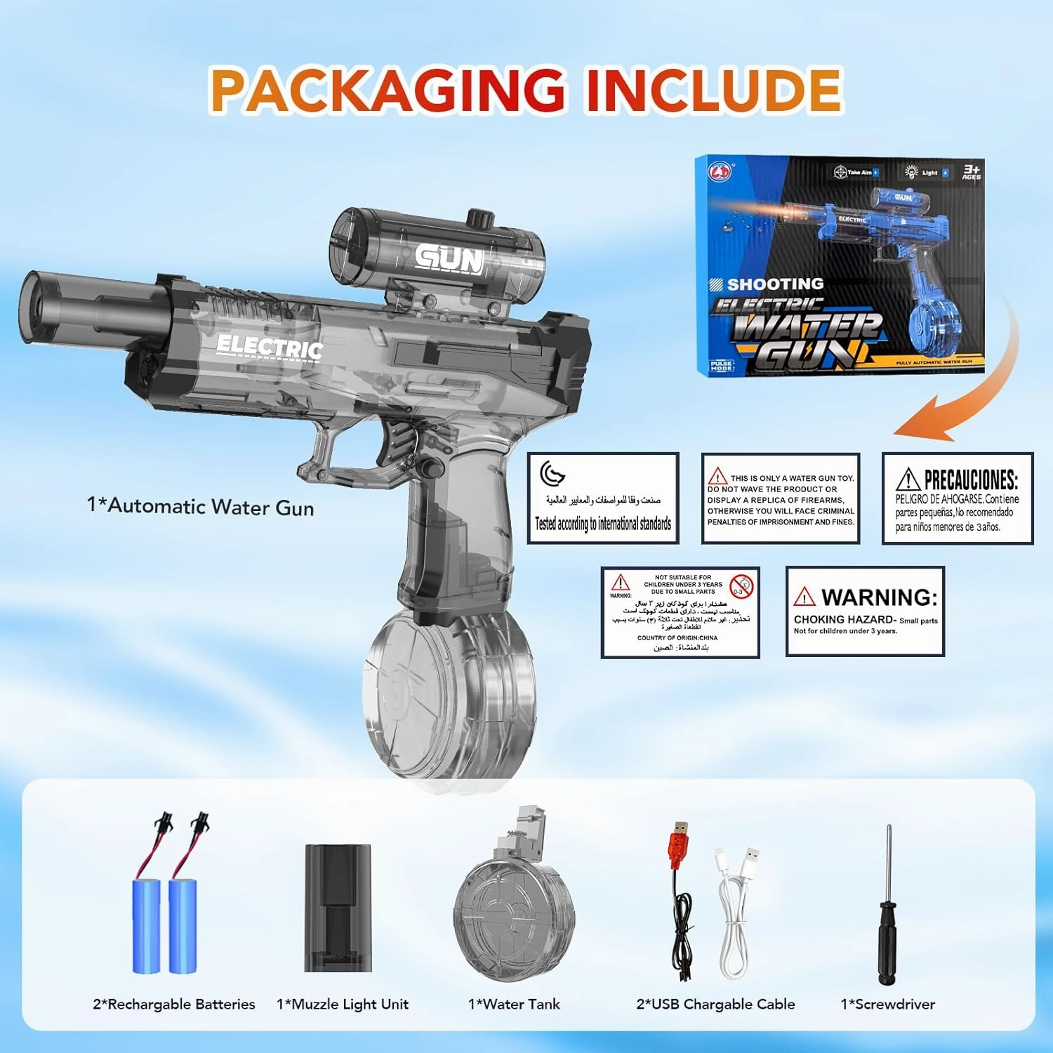 2 Pack Electric Water Guns,Automatic Water Gun Blaster with Muzzle Light,Squirt Gun Range 23-32 FT,Outdoor Party Summer Water Shooting Game Toy with 4 Batteries,Ideal Watergun Gift for Kids & Youths.