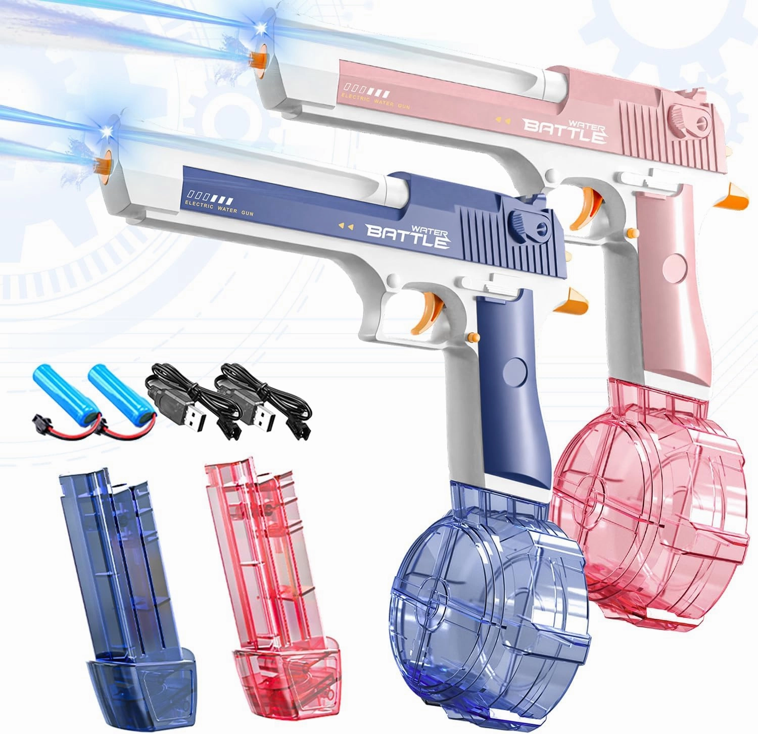 2 Pack Electric Water Guns for Adults & Kids, Up to 32 FT Long Range Squirt Guns 450CC 60CC Water Blaster Summer Pool Beach Party Toys (Blue&Pink)