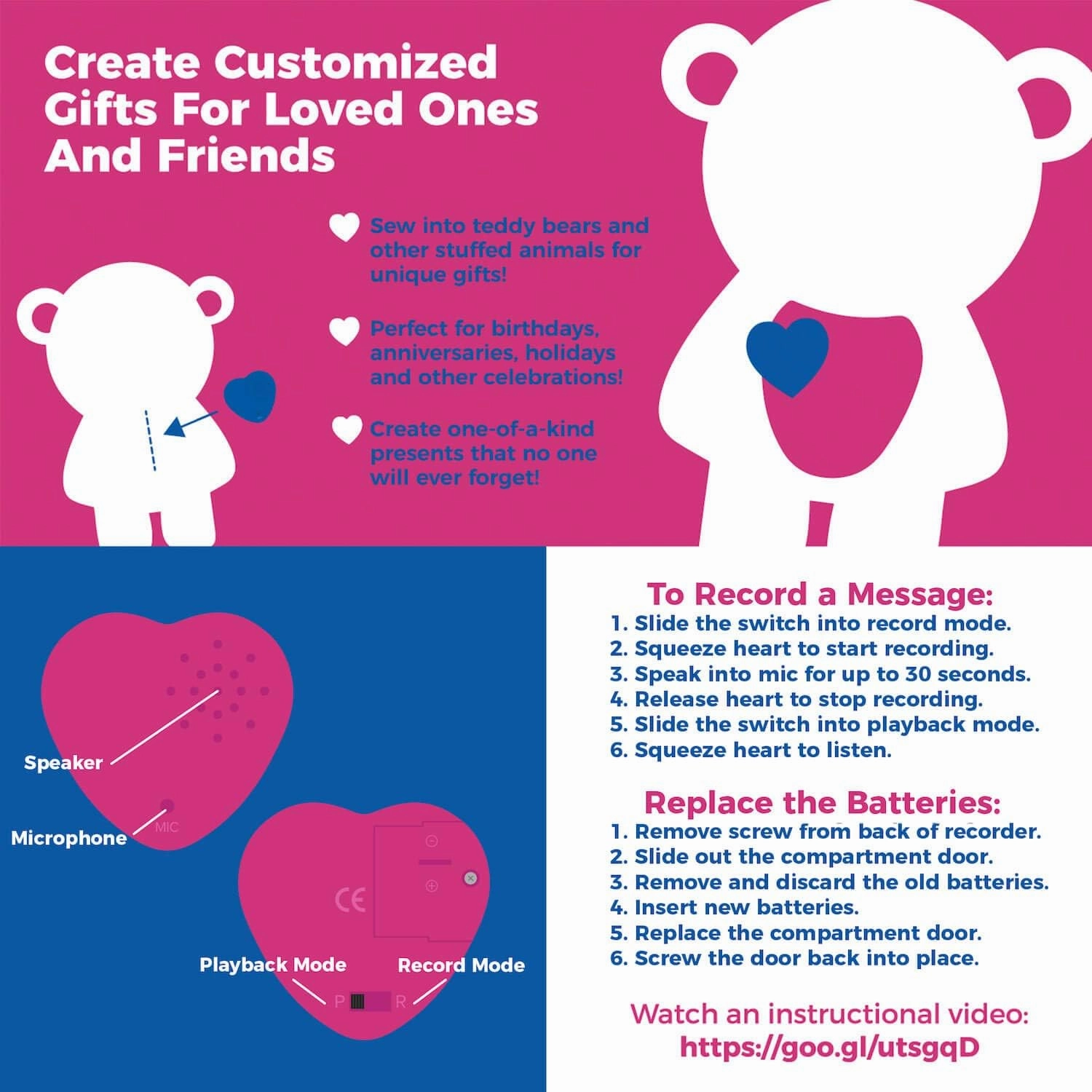 2 Pack, Inventiv 30 Second Voice Sound Recorder Module for Plush Toy, Stuffed Teddy Bear Animal Recordable Heart, Record Custom Messages (Pink)