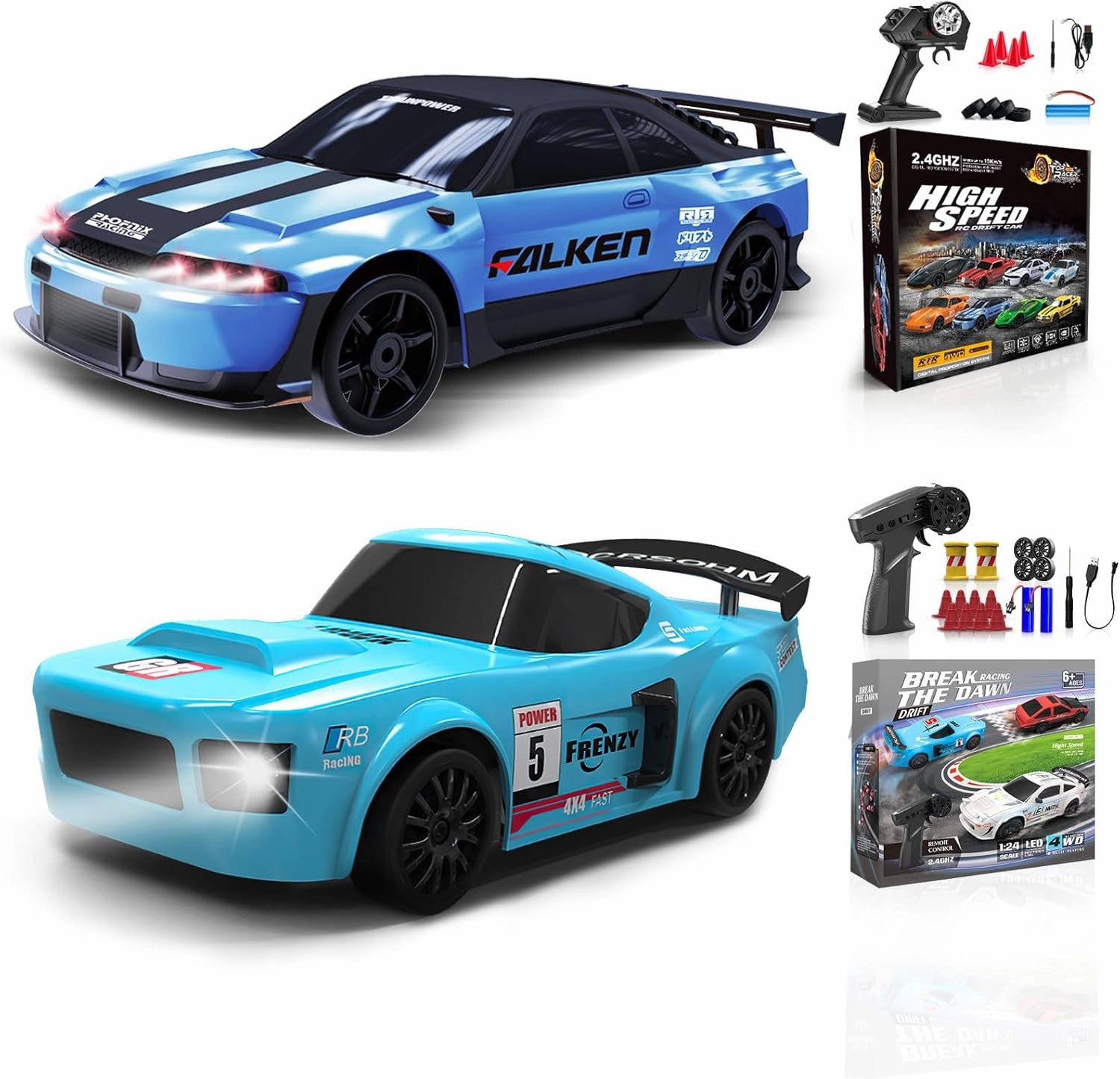 2 Pcs RC Drift Car 1:24 Remote Control Car 4WD High Speed Racing Sport Car with LED Lights RC Cars Toy Cars for Kids Boys Girls Adults Gifts Birthday Christmas Rechargeable Batteries