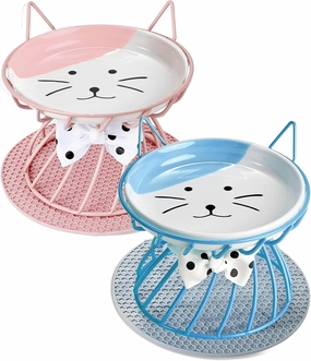 2PCS Ceramic Shallow Cat Food Dishes With Non-Slip Mat, Elevated Bowl With Raised Metal Stand, Protects Spine, Small Dog Bowl, Whisker Fatigue Plate, Dishwasher Safe