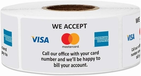 300 Credit Card Sticker Signs Stickers, 1 x 2 Inch We Accept Credit Cards Sign Visa MasterCard American Express Forms of Payment Accepted Sign for Billing - 1 Roll of 300 Stickers