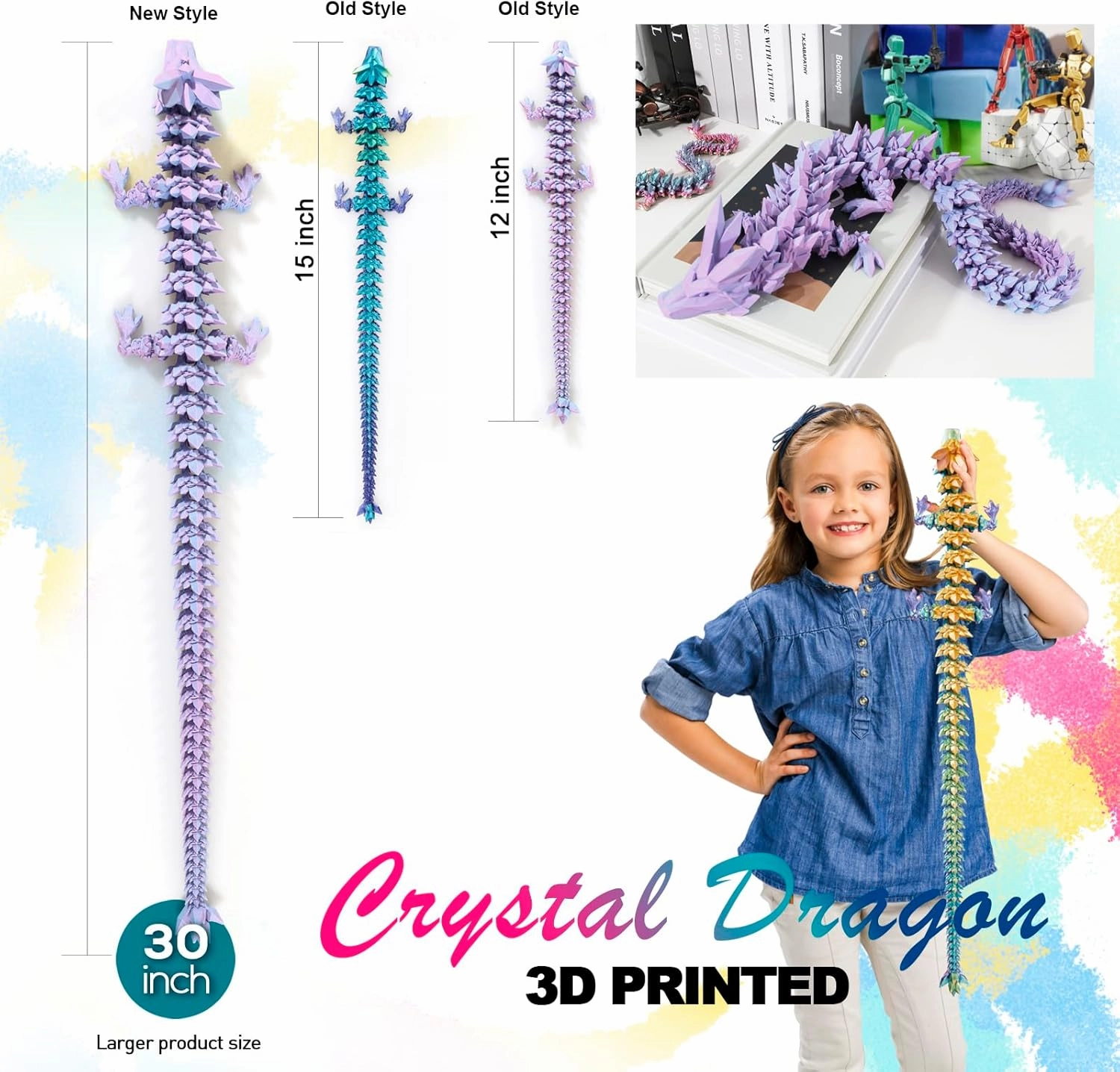 30 ”Large 3D Dragon,Flexible Articulated,Crystal Dragon Toy,3D Printed Gift for Festival,Home Decoration, Executive Desk Decorations
