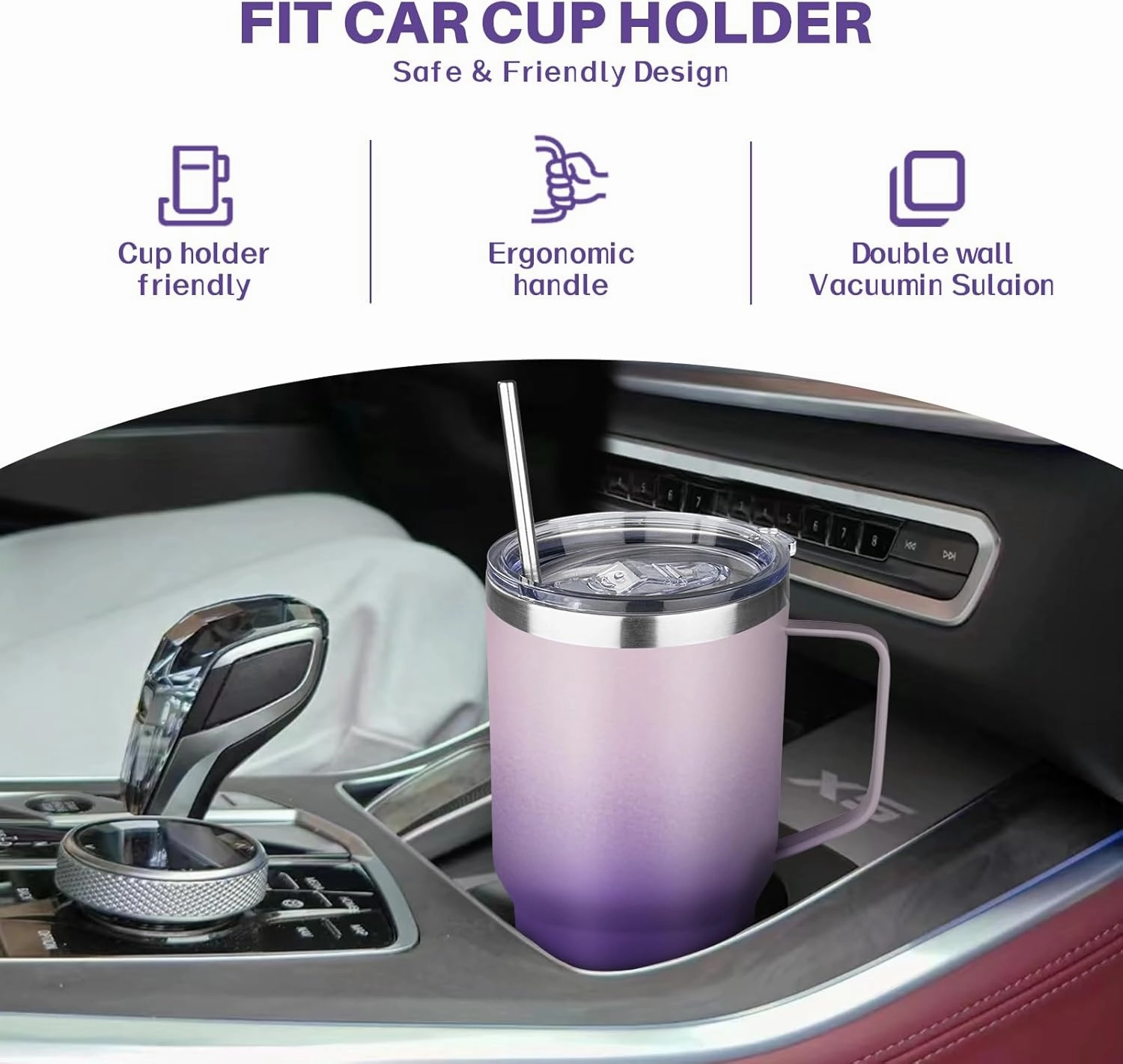 30 oz Tumbler with Handle, Stainless Steel Insulated Tumbler with Lid and Straw, Double Wall Vacuum Insulated Coffee Mug Tumbler, Insulated Coffee Thermal Cup for Cold and Hot (Light Dark Purple)