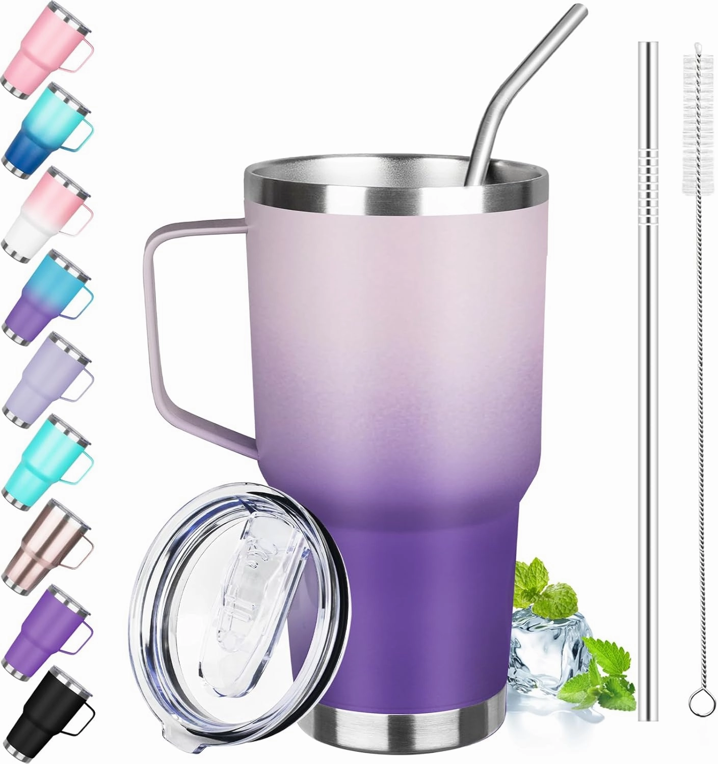 30 oz Tumbler with Handle, Stainless Steel Insulated Tumbler with Lid and Straw, Double Wall Vacuum Insulated Coffee Mug Tumbler, Insulated Coffee Thermal Cup for Cold and Hot (Light Dark Purple)