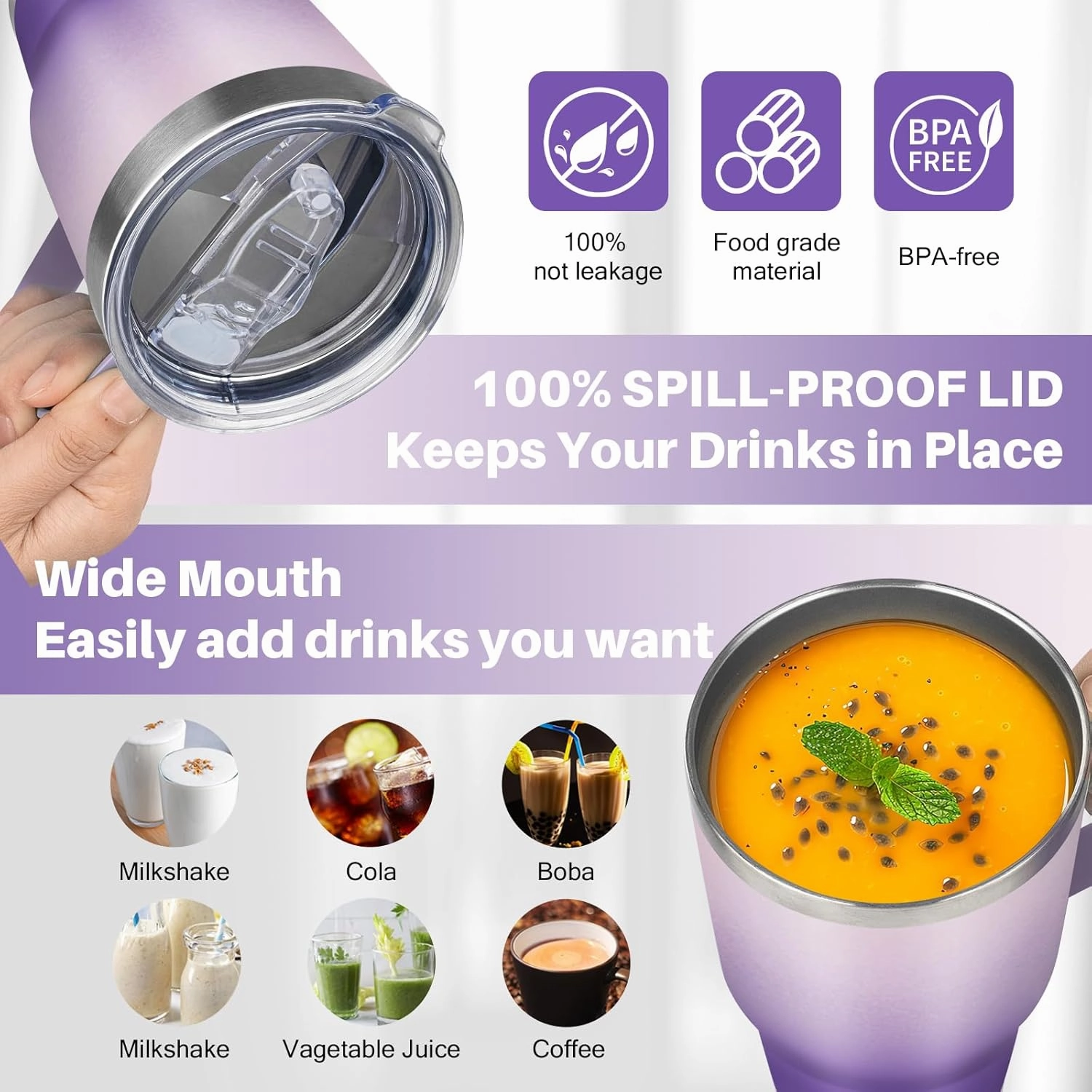 30 oz Tumbler with Handle, Stainless Steel Insulated Tumbler with Lid and Straw, Double Wall Vacuum Insulated Coffee Mug Tumbler, Insulated Coffee Thermal Cup for Cold and Hot (Light Dark Purple)