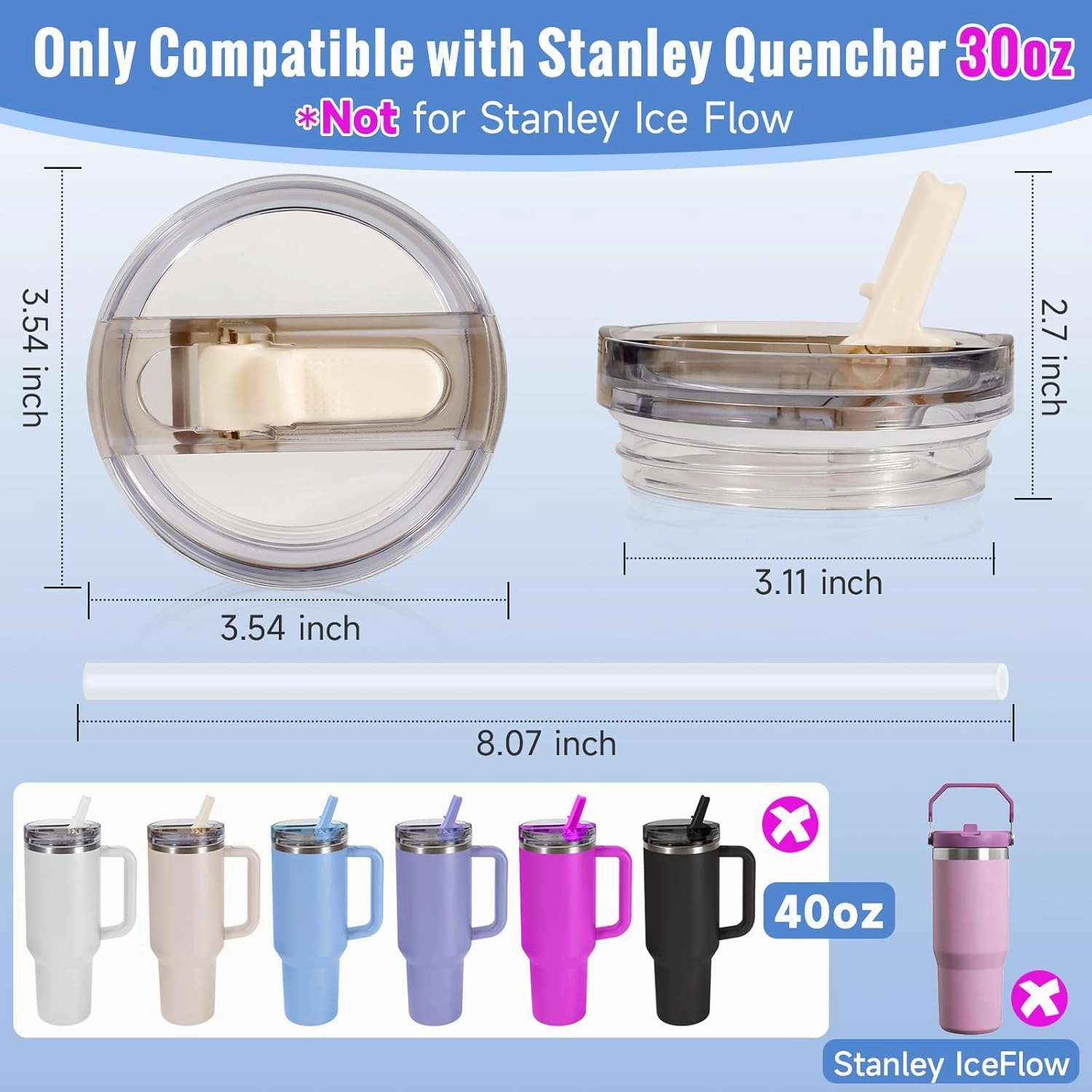 30oz Flip Straw Lid for Stanley Quencher H2.0 Tumbler, 2 Pack Leak Proof Lid Replacement No Spill Cover for Stanley Cup Accessories ProTour (Azure, Azure)