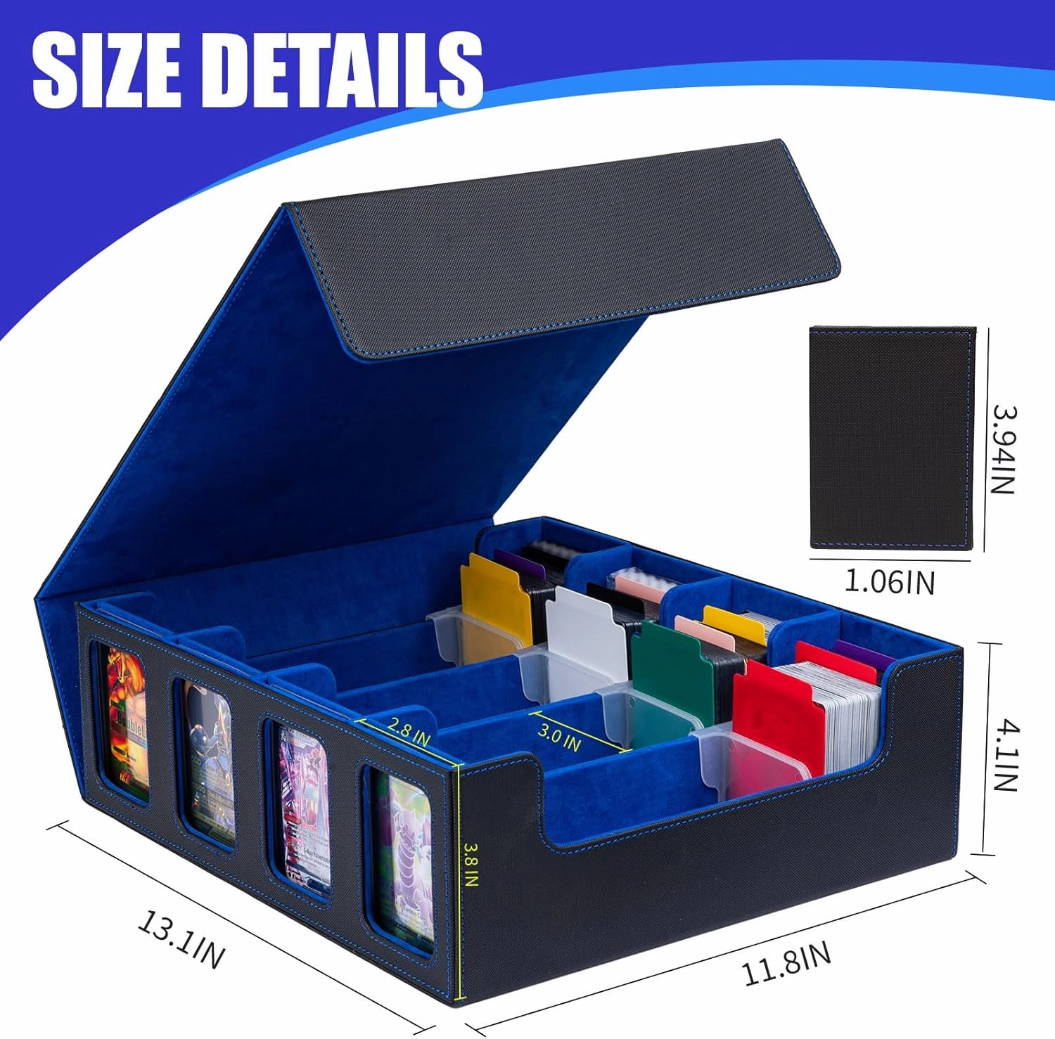 3200  MTG Commander Deck Box with Window Dice Tray, Organizer with 4 Card Sleeves & 30 Dividers, Black Blue