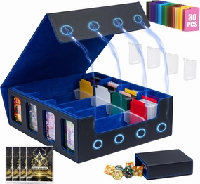 3200  MTG Commander Deck Box with Window Dice Tray, Organizer with 4 Card Sleeves & 30 Dividers, Black Blue
