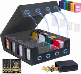 3200  Trading Card Storage Box, MTG Commander Deck Box with Window Dice Tray, 4 Card Sleeves & 4 Supporters & 30 Dividers, Black Grey