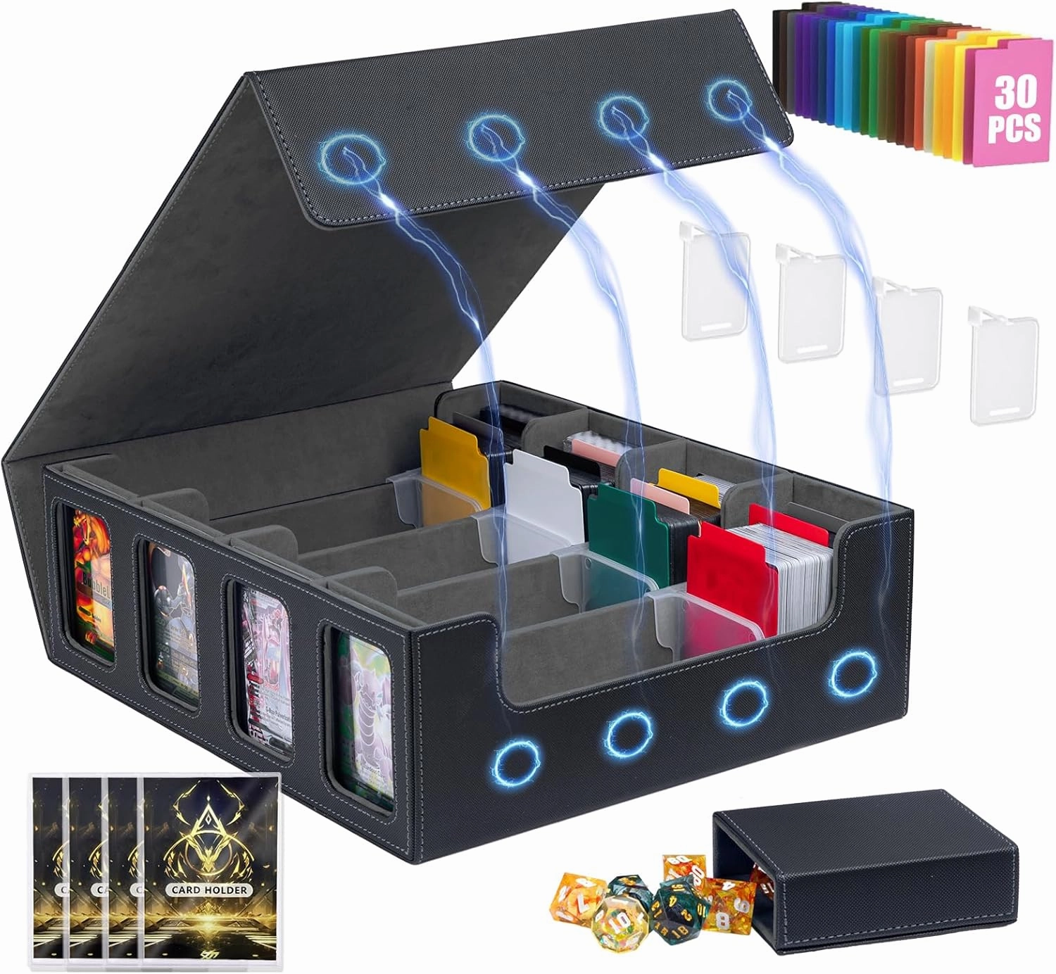 3200  Trading Card Storage Box, MTG Commander Deck Box with Window Dice Tray, 4 Card Sleeves & 4 Supporters & 30 Dividers, Black Grey