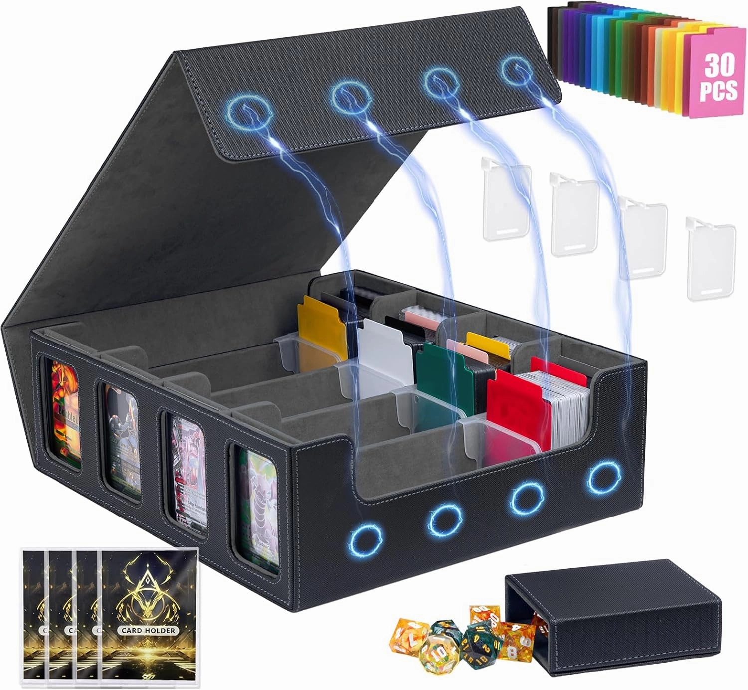 3200  Trading Card Storage Box, MTG Commander Deck Box with Window Dice Tray, 4 Card Sleeves & 4 Supporters & 30 Dividers, Black Grey