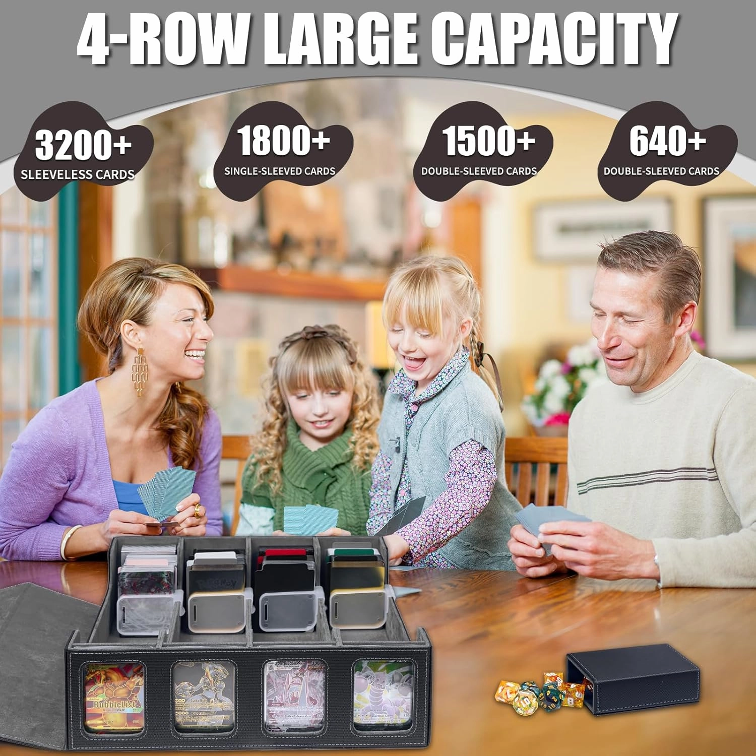 3200  Trading Card Storage Box, MTG Commander Deck Box with Window Dice Tray, 4 Card Sleeves & 4 Supporters & 30 Dividers, Black Grey