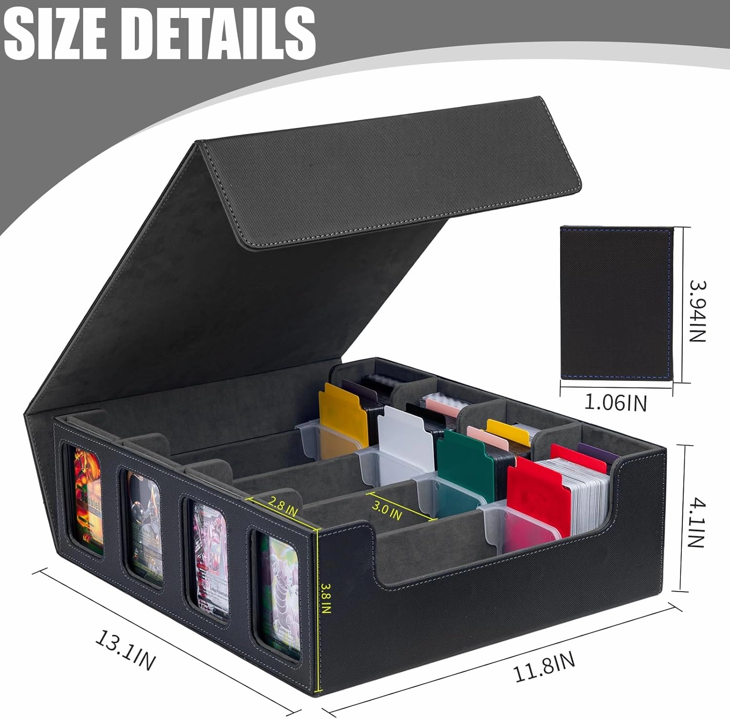 3200  Trading Card Storage Box, MTG Commander Deck Box with Window Dice Tray, 4 Card Sleeves & 4 Supporters & 30 Dividers, Black Grey
