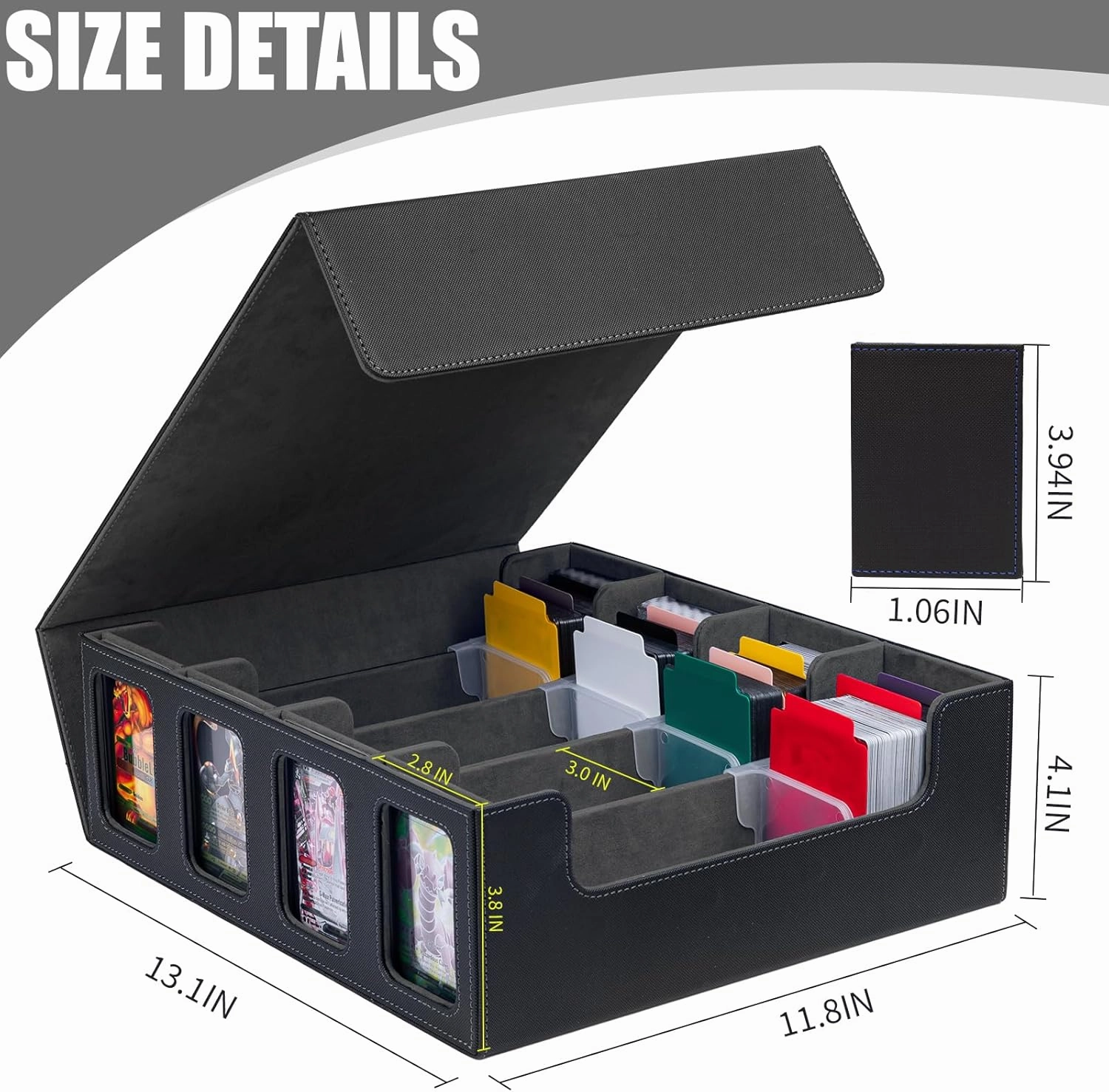 3200  Trading Card Storage Box, MTG Commander Deck Box with Window Dice Tray, 4 Card Sleeves & 4 Supporters & 30 Dividers, Black Grey