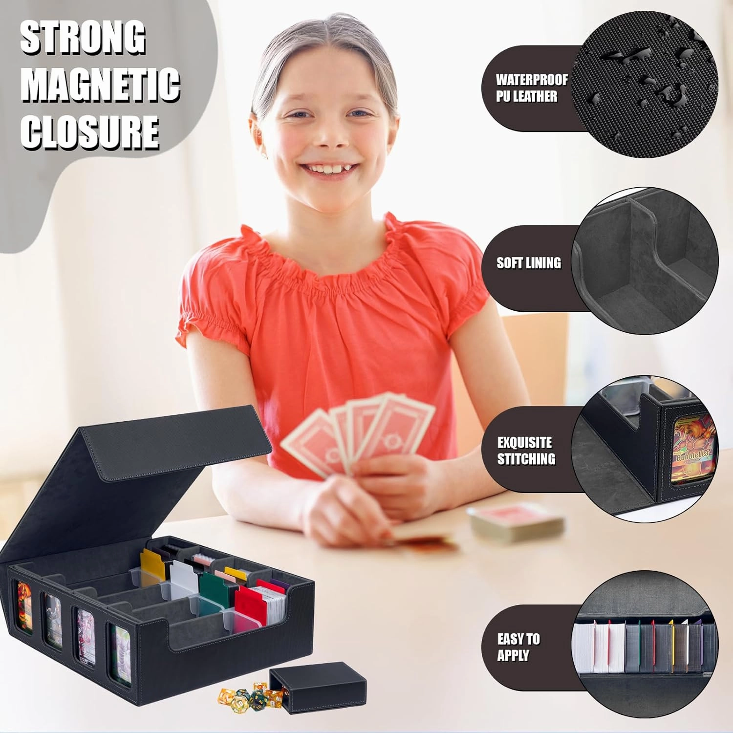 3200  Trading Card Storage Box, MTG Commander Deck Box with Window Dice Tray, 4 Card Sleeves & 4 Supporters & 30 Dividers, Black Grey