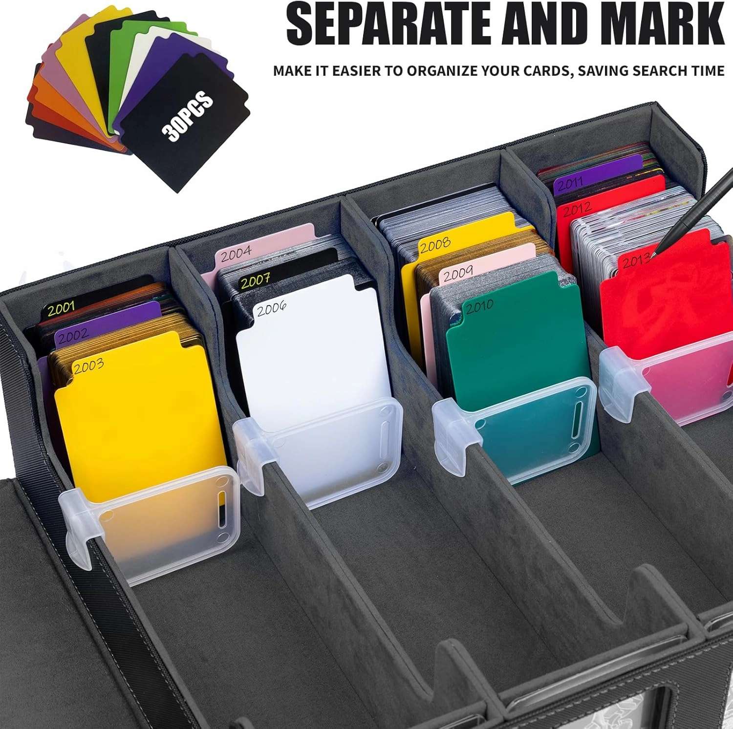 3200  Trading Card Storage Box, MTG Commander Deck Box with Window Dice Tray, 4 Card Sleeves & 4 Supporters & 30 Dividers, Black Grey