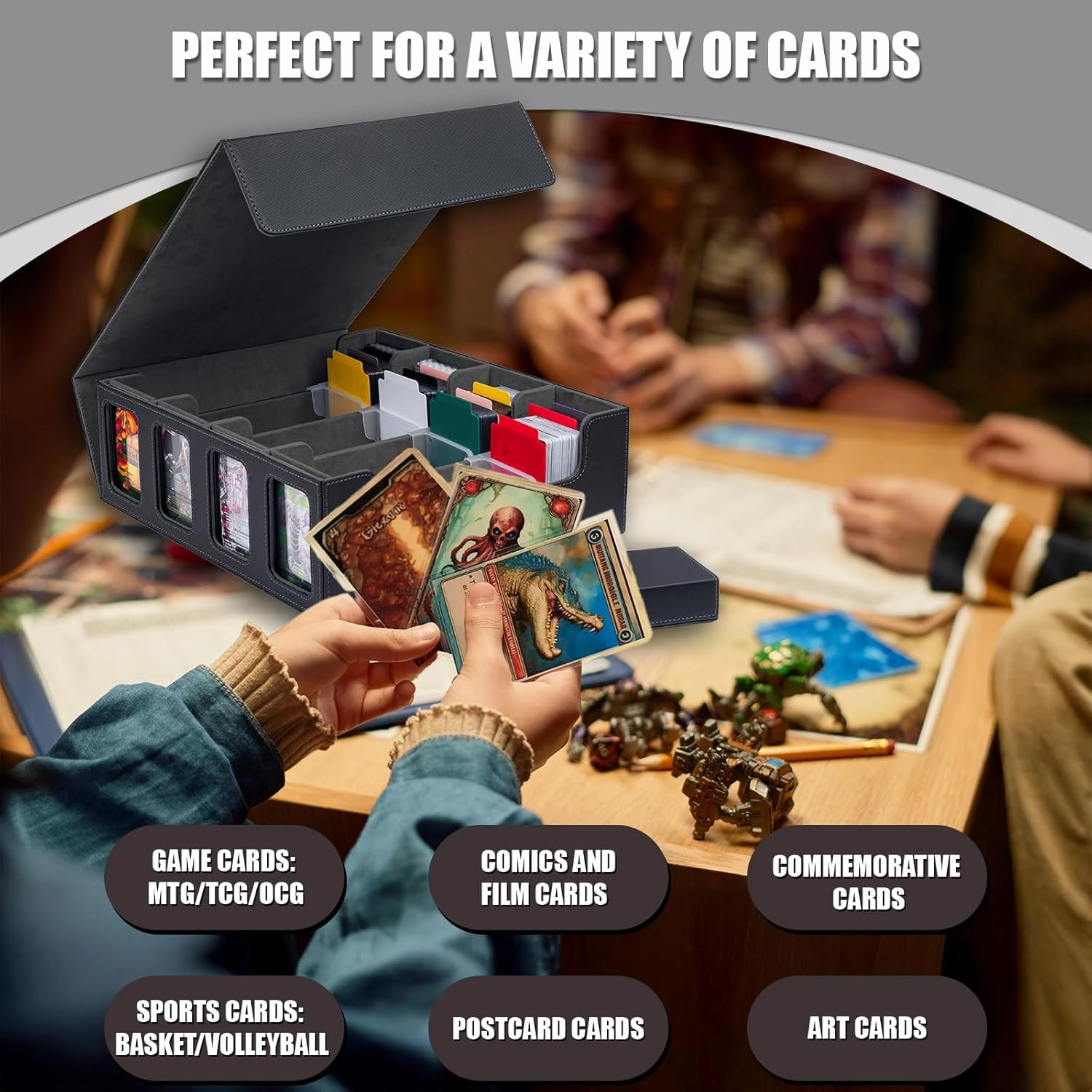 3200  Trading Card Storage Box, MTG Commander Deck Box with Window Dice Tray, 4 Card Sleeves & 4 Supporters & 30 Dividers, Black Grey