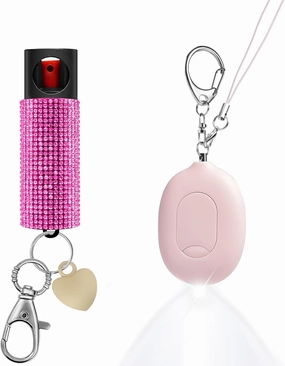 3-in-1 Personal Alarm & Door Handle Alarm & LED Light and Jeweled Pepper Spray Combo, Maximum Strength Pepper Gel, 130dB Siren, Keychain with Safety Twist for Women