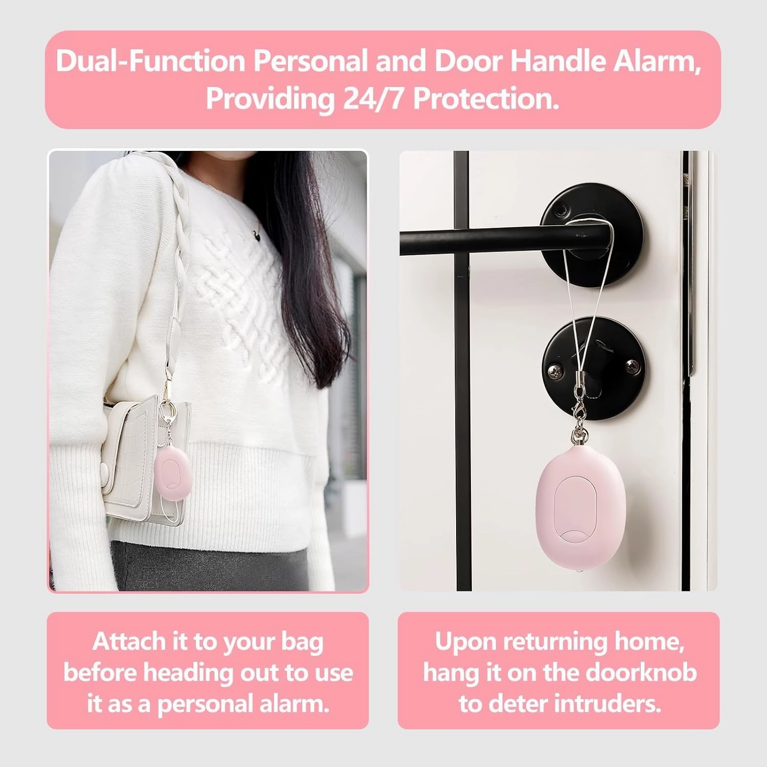 3-in-1 Personal Alarm & Door Handle Alarm & LED Light and Jeweled Pepper Spray Combo, Maximum Strength Pepper Gel, 130dB Siren, Keychain with Safety Twist for Women