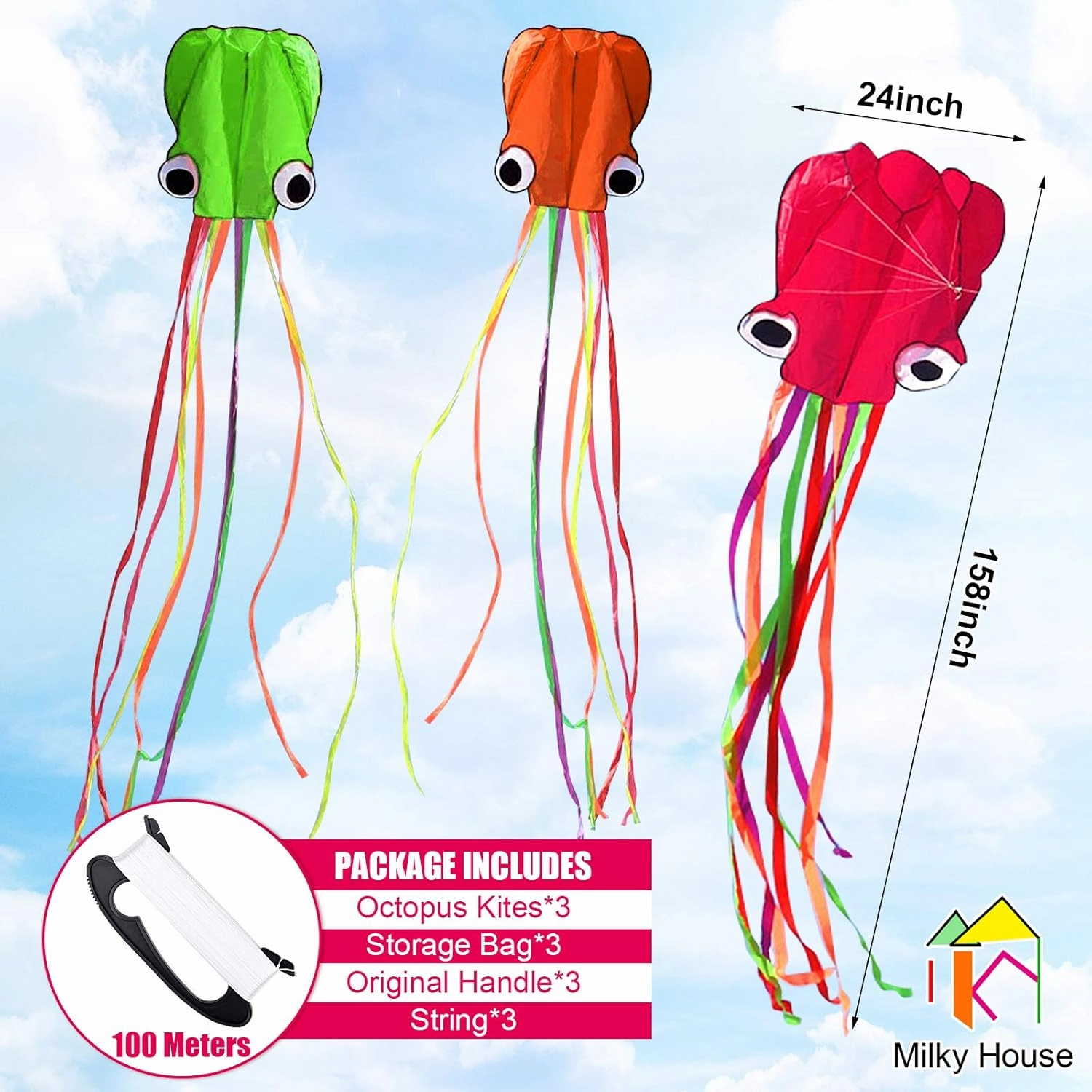 3 Pack Octopus Kite - 3D Beach Kites for People & Kids (Blue, Green, Red) - Easy to Fly, Kite Kit with 100M String