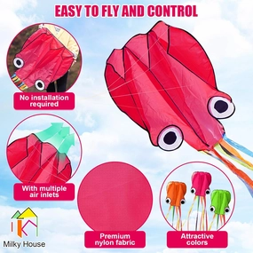 3 Pack Octopus Kite - 3D Beach Kites for People & Kids (Blue, Green, Red) - Easy to Fly, Kite Kit with 100M String