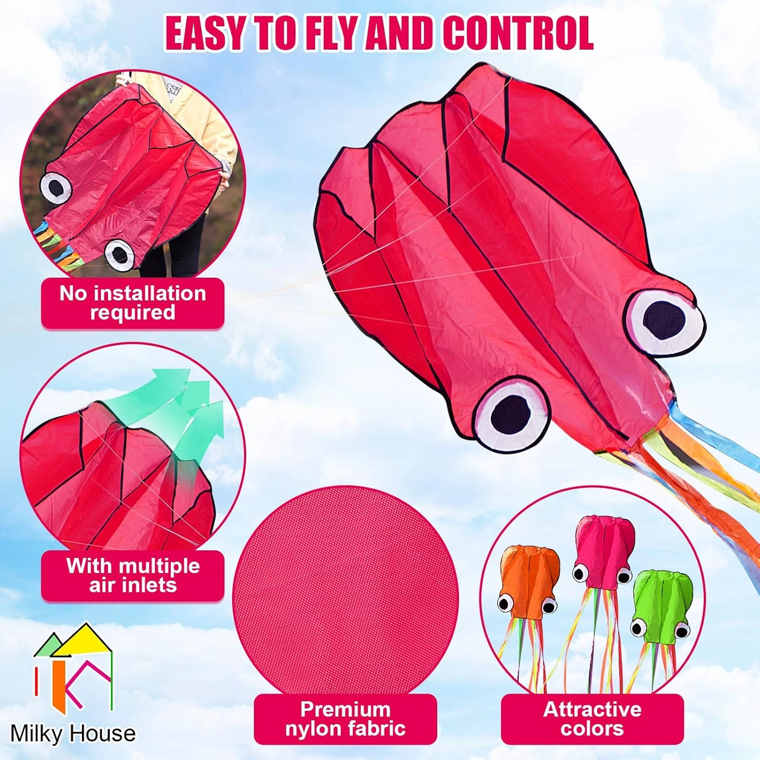 3 Pack Octopus Kite - 3D Beach Kites for People & Kids (Blue, Green, Red) - Easy to Fly, Kite Kit with 100M String