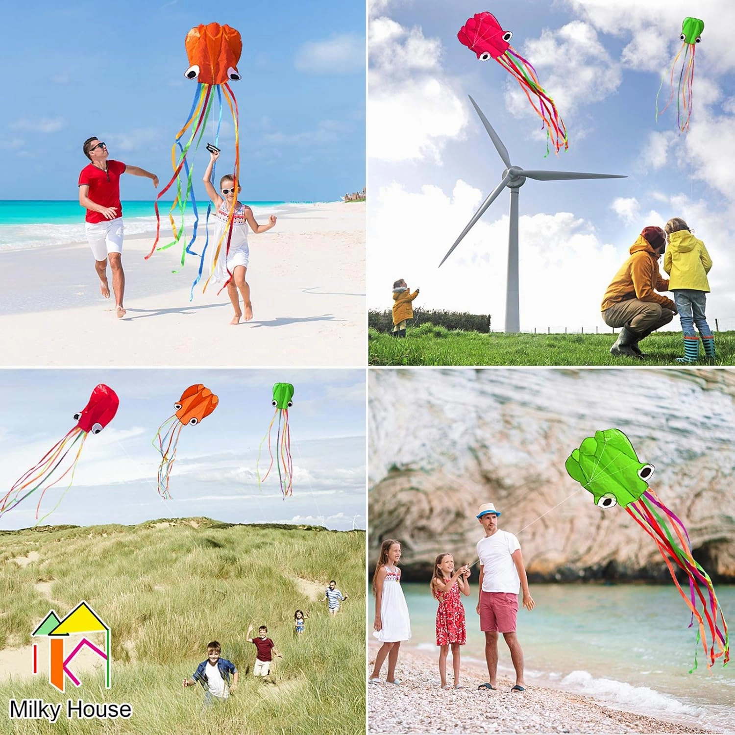 3 Pack Octopus Kite - 3D Beach Kites for People & Kids (Blue, Green, Red) - Easy to Fly, Kite Kit with 100M String