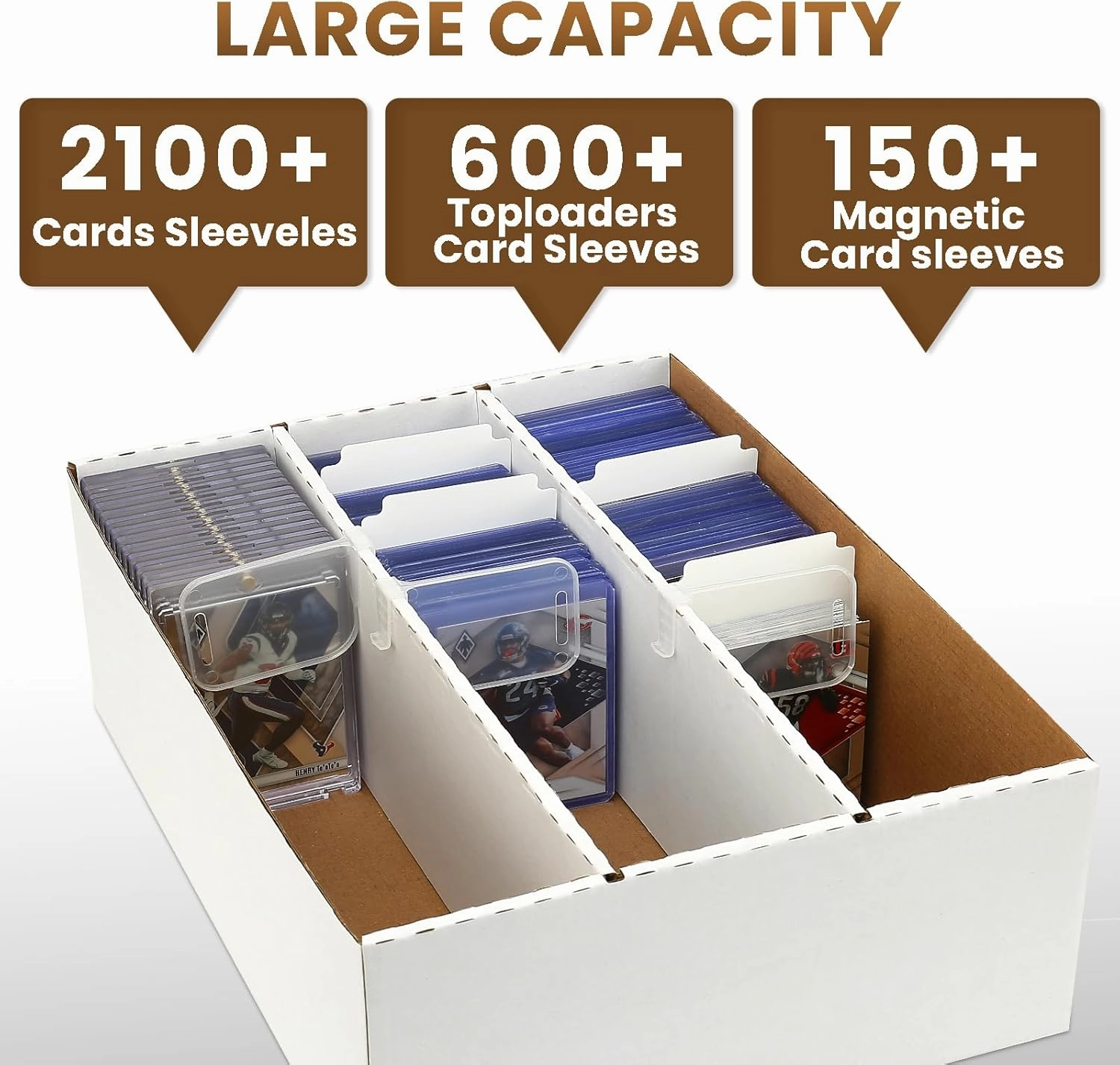 3-Row 2100-Count Card Boxes For Sports Cards,Card Storage Box With 150 Soft Sleeves,24 Dividers,9 Support Bars,Case Box Fit for 35pt Magnetic Holders,3x4"toploaders,Adjustable partition space (3 Pack)