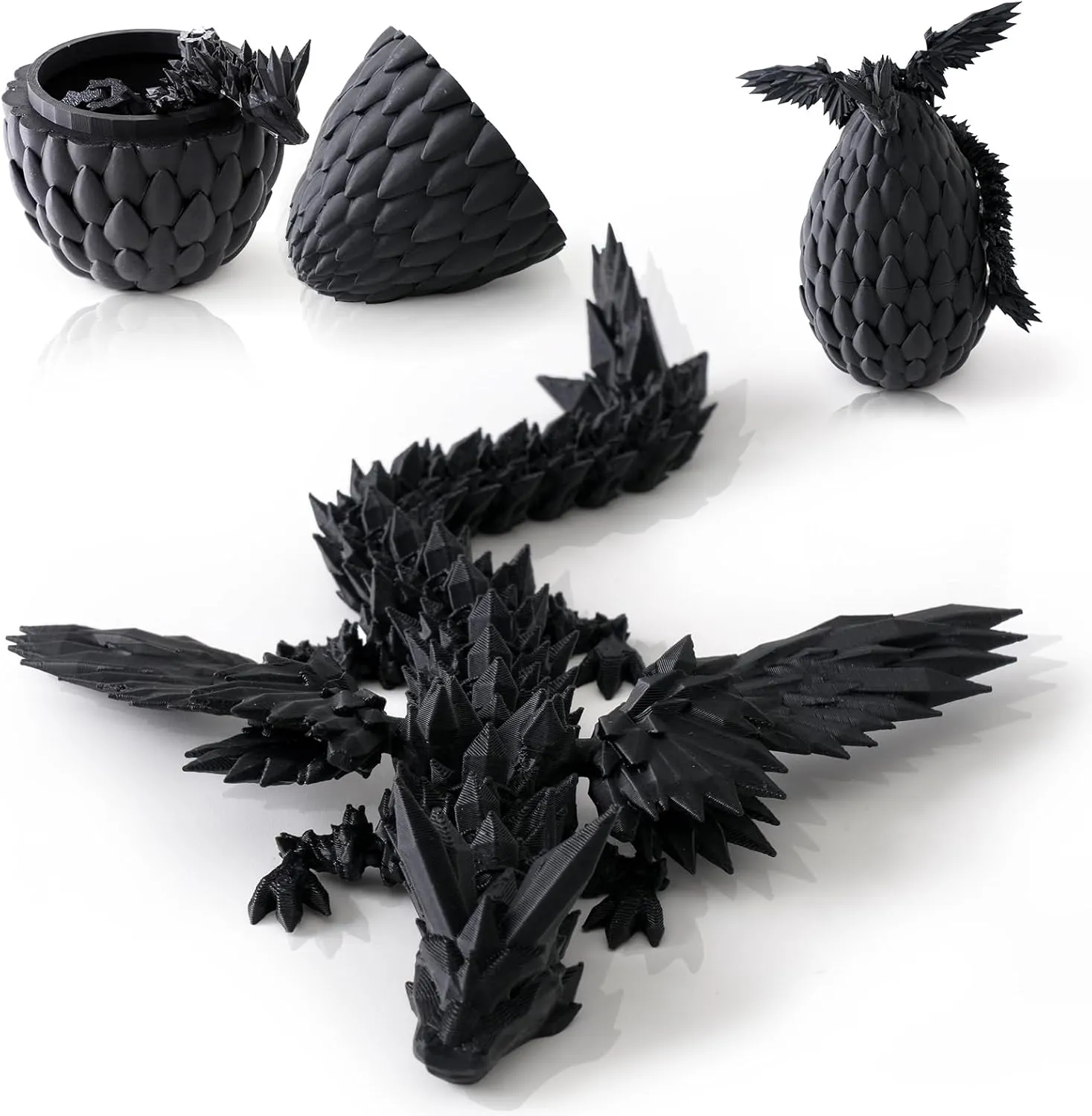 3D Printed Dragon in Egg - Articulated Flying Crystal Dragon Fidget Toy - Flexible Executive Desk Toy for Home Office Decor (Black Wing)